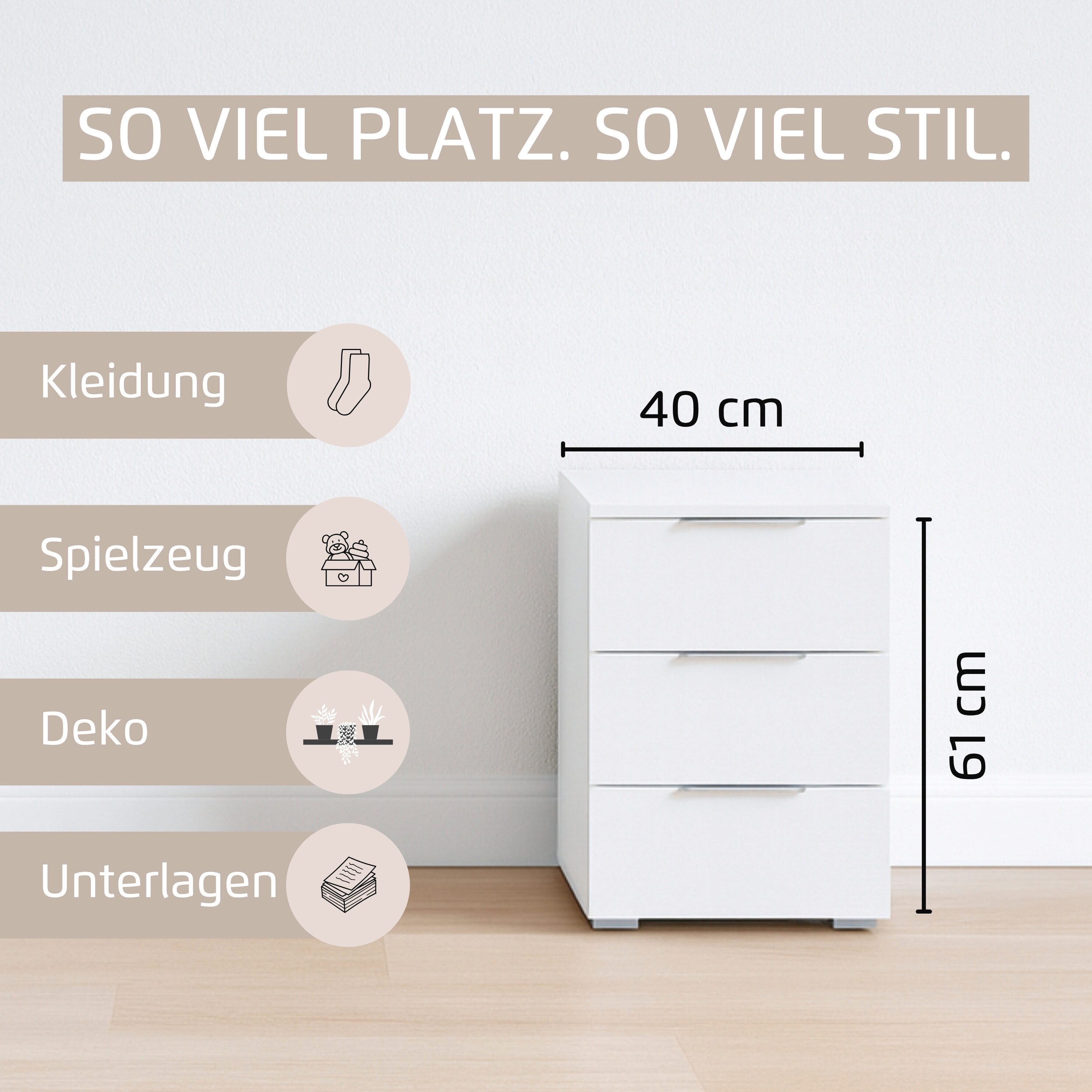 rauch Nachtkommode Nachttisch Nachtkonsole Nachtschrank ASTANA (Breite 40 cm / Höhe 61 cm), mit 3 geräumigen Schubladen, Kantengriff in Alufarben MADE IN GERMANY