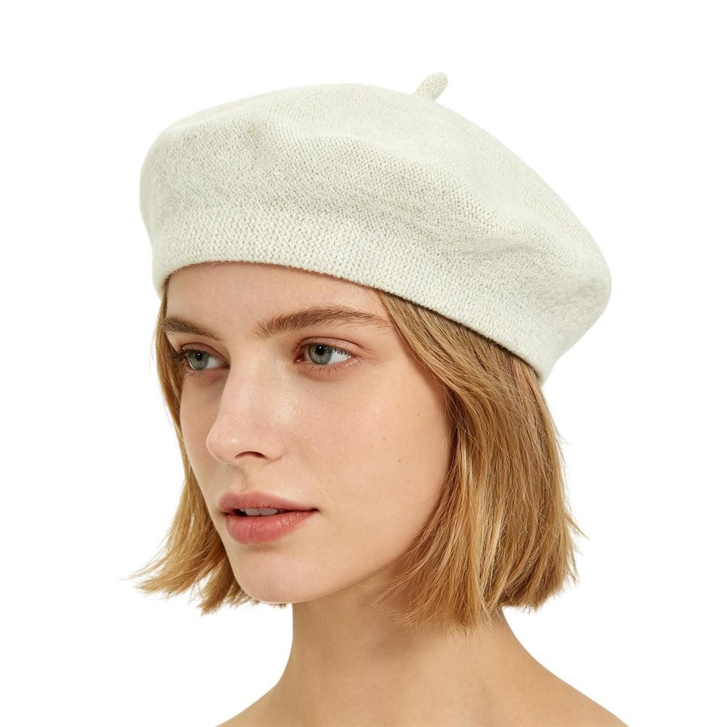 LuxusKollektion Baskenmütze Mütze Wolle Vintage Französischer Stil Weiß (1-St)