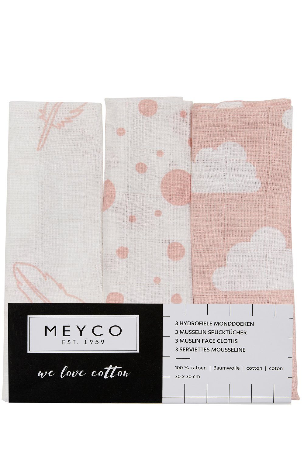 Meyco Baby Stoffwindeln 30x30cm Clouds, (3-St), Dots, Feathers Pink