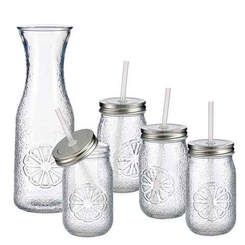 MamboCat Karaffe 5tlg Set Vivalto Lima Karaffe + 4x Glas mit Deckel und Strohhalm