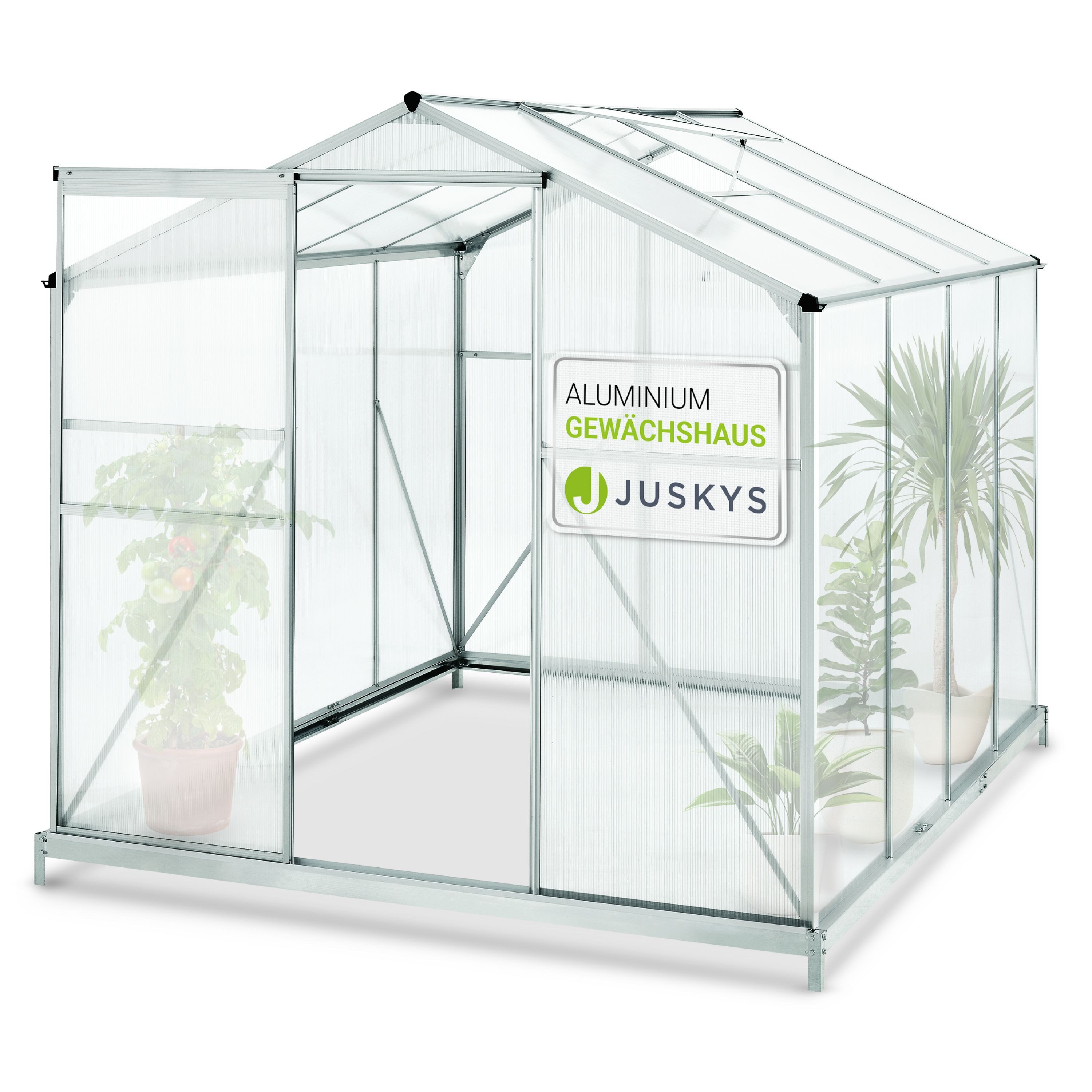 Juskys Gewächshaus GH250F1, BxTxH: 190 x 253 x 195 cm, 4 mm Wandstärke, 4,75 m², Dachfenster, stabile Aluminiumprofile, Hohlkammerplatten