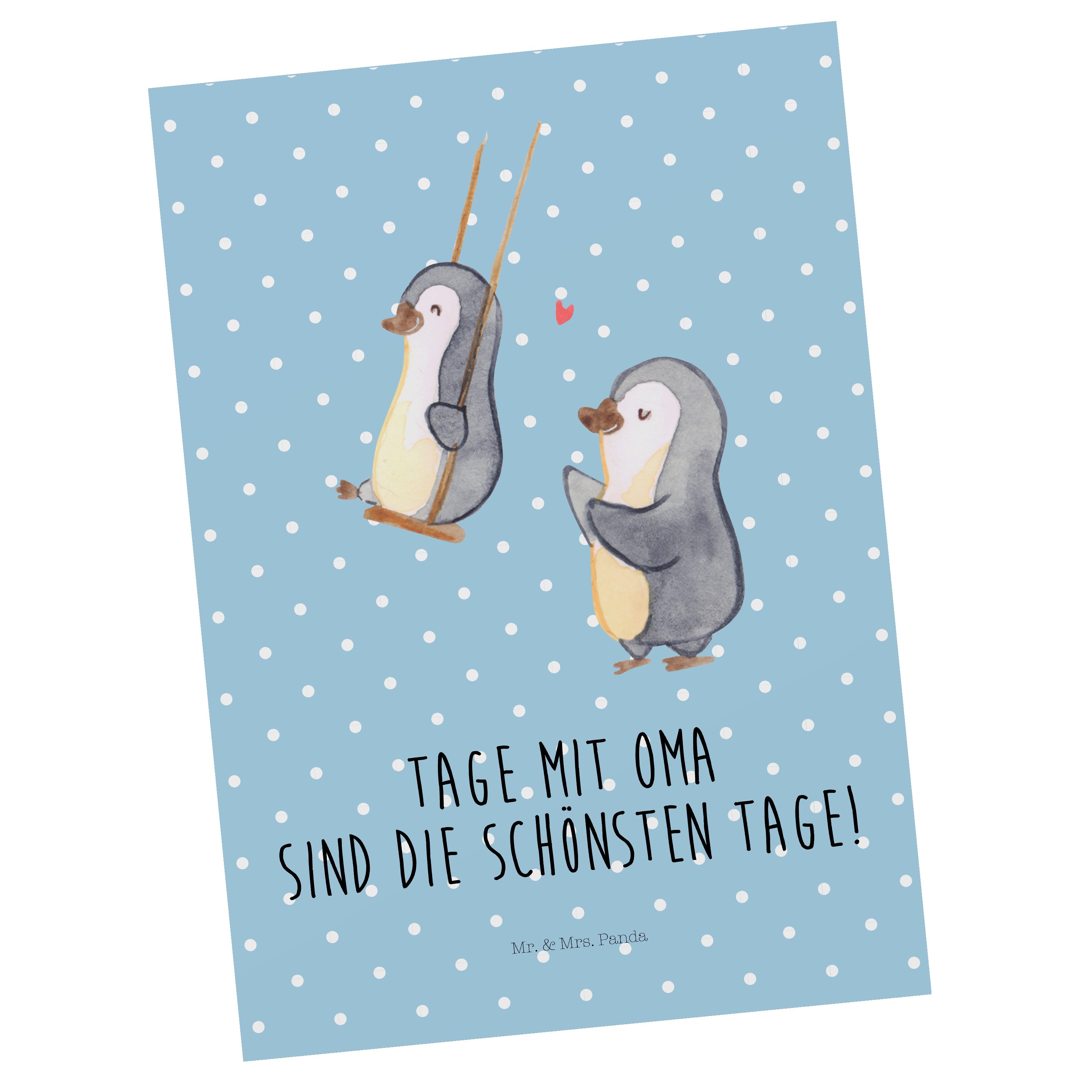 Mr. & Mrs. Panda Postkarte Pinguin Oma schaukeln - Blau Pastell - Geschenk, Bruder, Karte, Opa