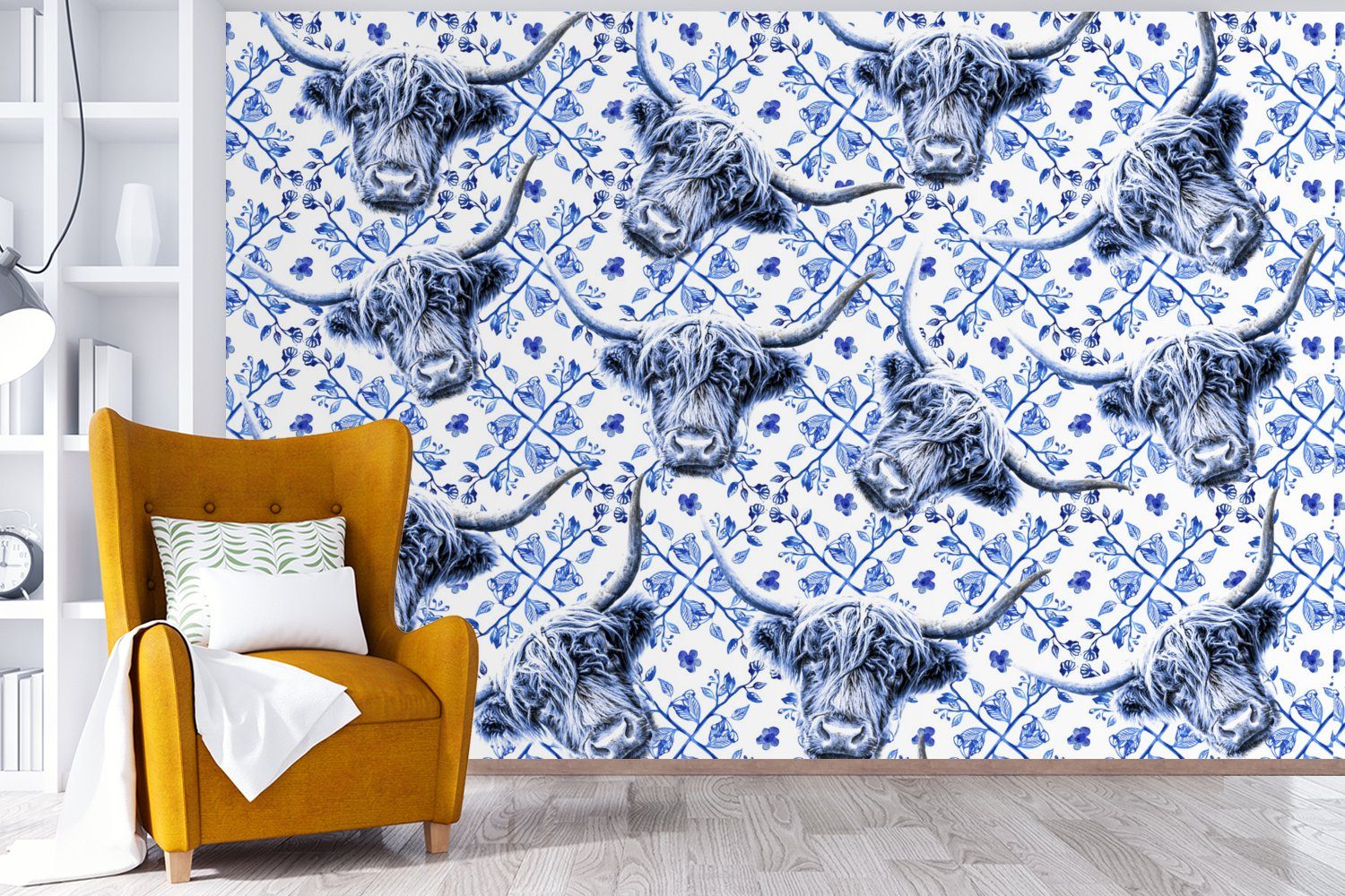 Blau - Wallpaper Muster, Highlander Delfter Vinyl MuchoWow Fototapete St), bedruckt, Wohnzimmer, Matt, (6 - Schlafzimmer, Schottischer Tapete für Kinderzimmer,