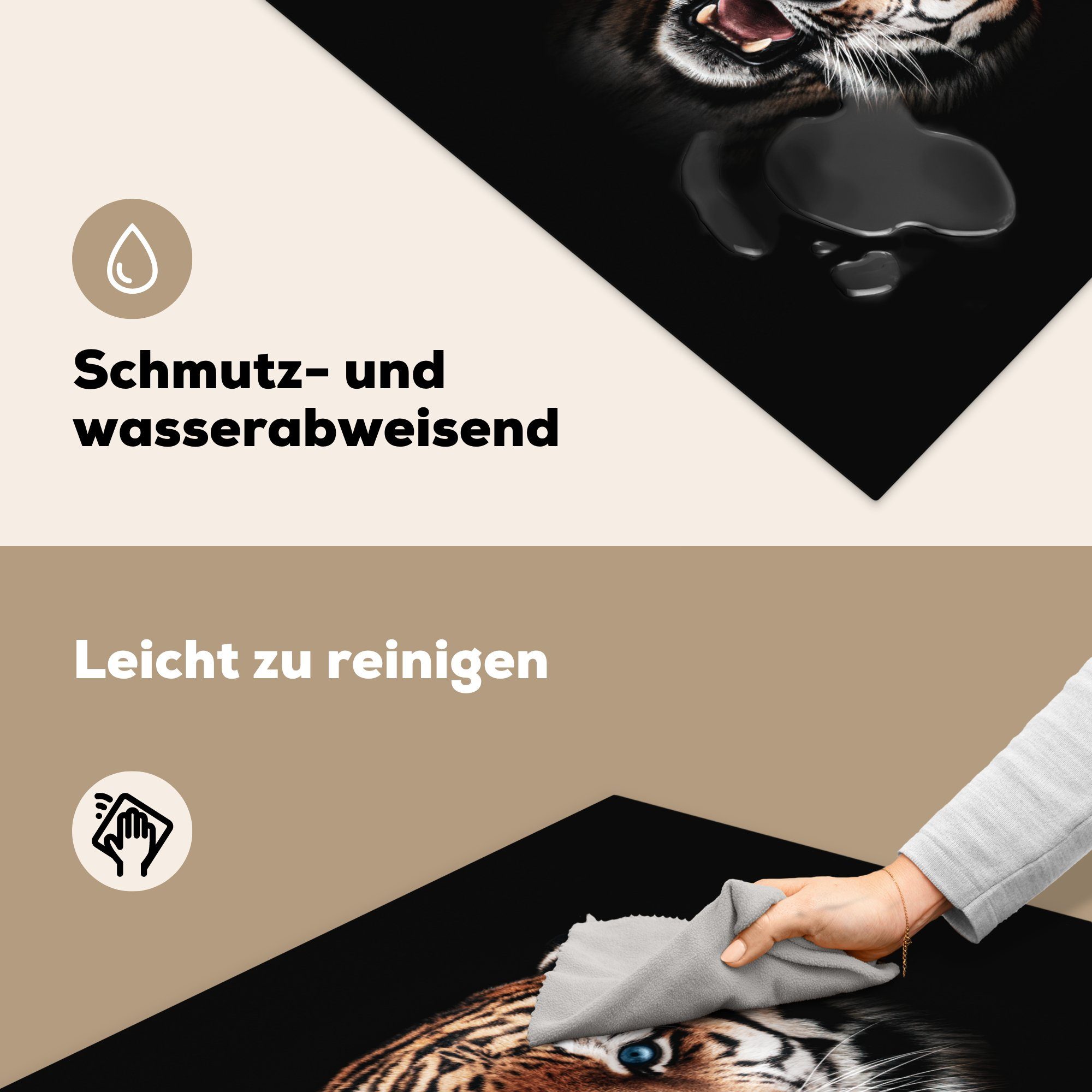küche Tiger für Schwarz, 78x78 - Tiere Vinyl, cm, (1 MuchoWow Arbeitsplatte Ceranfeldabdeckung, tlg), - Herdblende-/Abdeckplatte