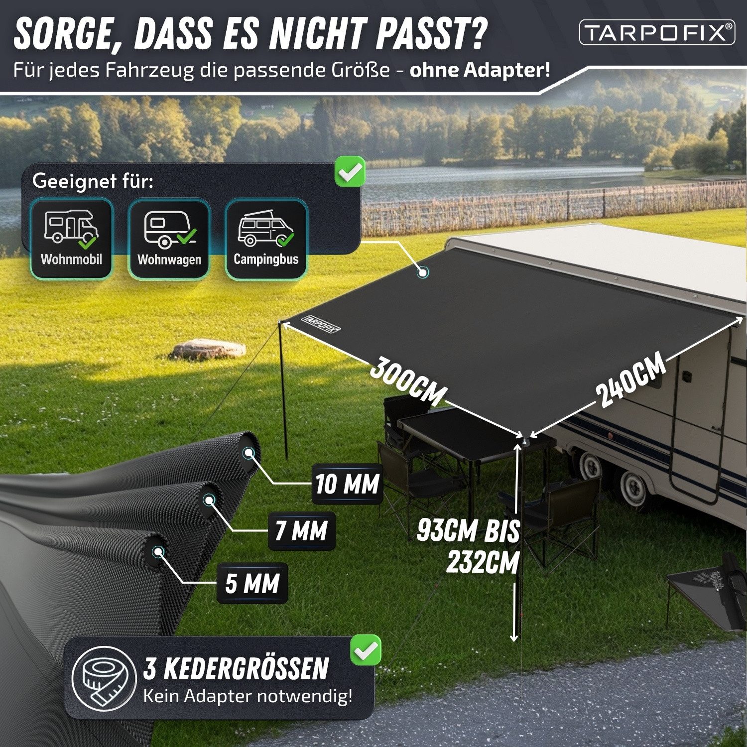 Tarpofix® Vorzelt Sonnensegel Wohnwagen mit Keder & LED-Lichterkette, Größe 300 x 240 cm – 420D Oxford, UV 60+, Multikeder