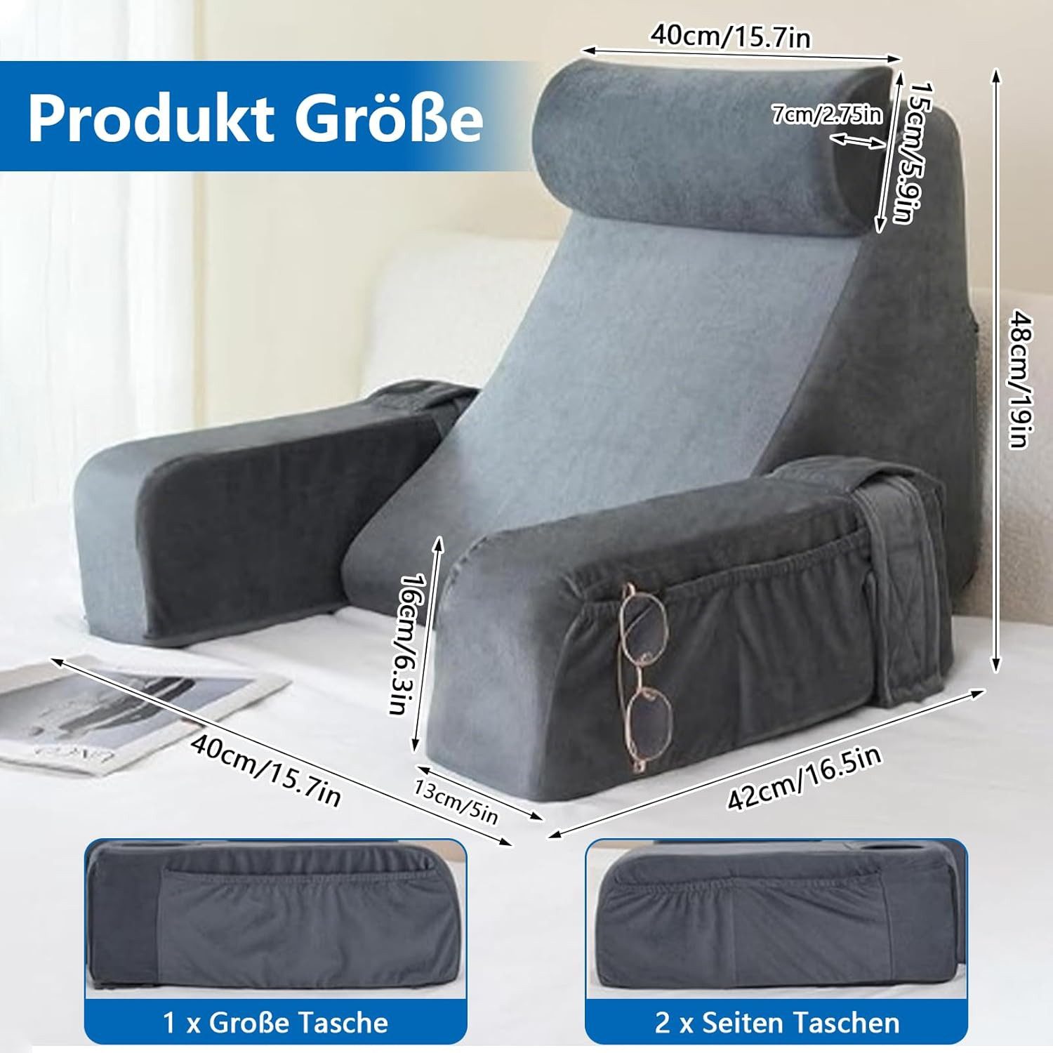 BlingBin Rückenkissen Lesekissen mit Abnehmbaren Armlehnen & Kopfkiseen, Bettruhekissen, 1er Set, 1-tlg., Verpackungsabmessungen: 40 x 18 x 12 cm, Rückenlehne, Keilkissen mit Waschbarem Bezug für Lesen/Fernsehen