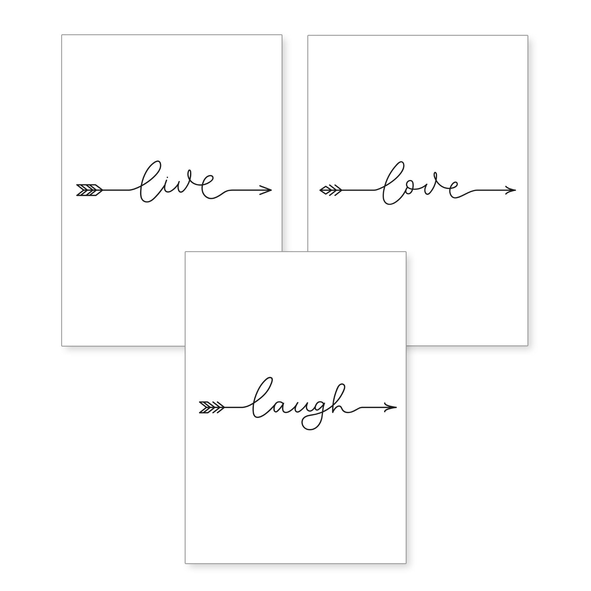 Kreative Feder Poster, live, love, laugh, Pfeil, Schrift, Schwarz-Weiß, Liebe, Lachen, Leben (Set, 3 St), 3-teiliges Poster-Set, Wandbild, optional mit Rahmen, DIN A4 oder A3