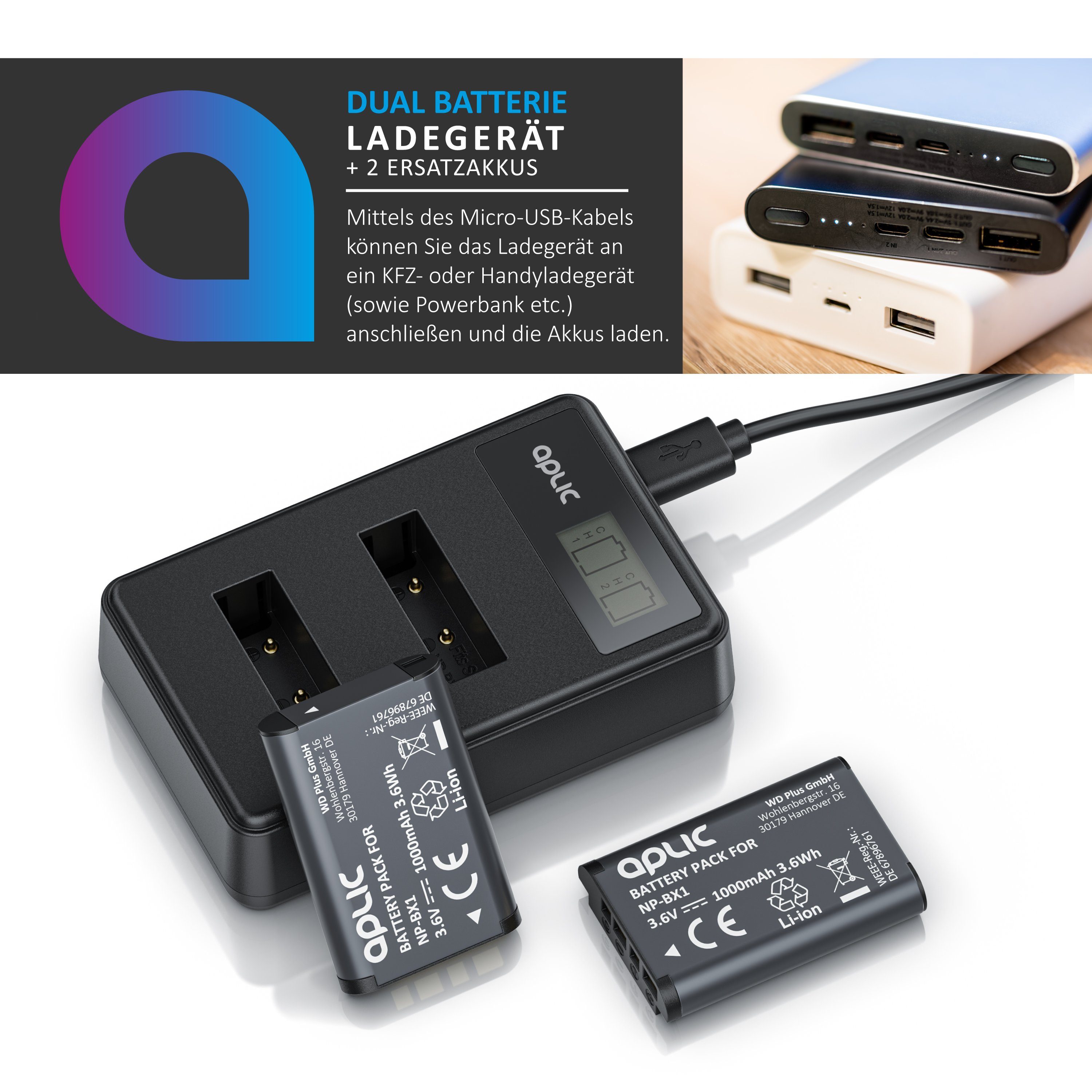 Aplic Akkuladegerät Set mit 2 Akkus für Sony NP-BX1 1000 mAh, Kamera-Ladegerät (Akku / Batterieladegerät)