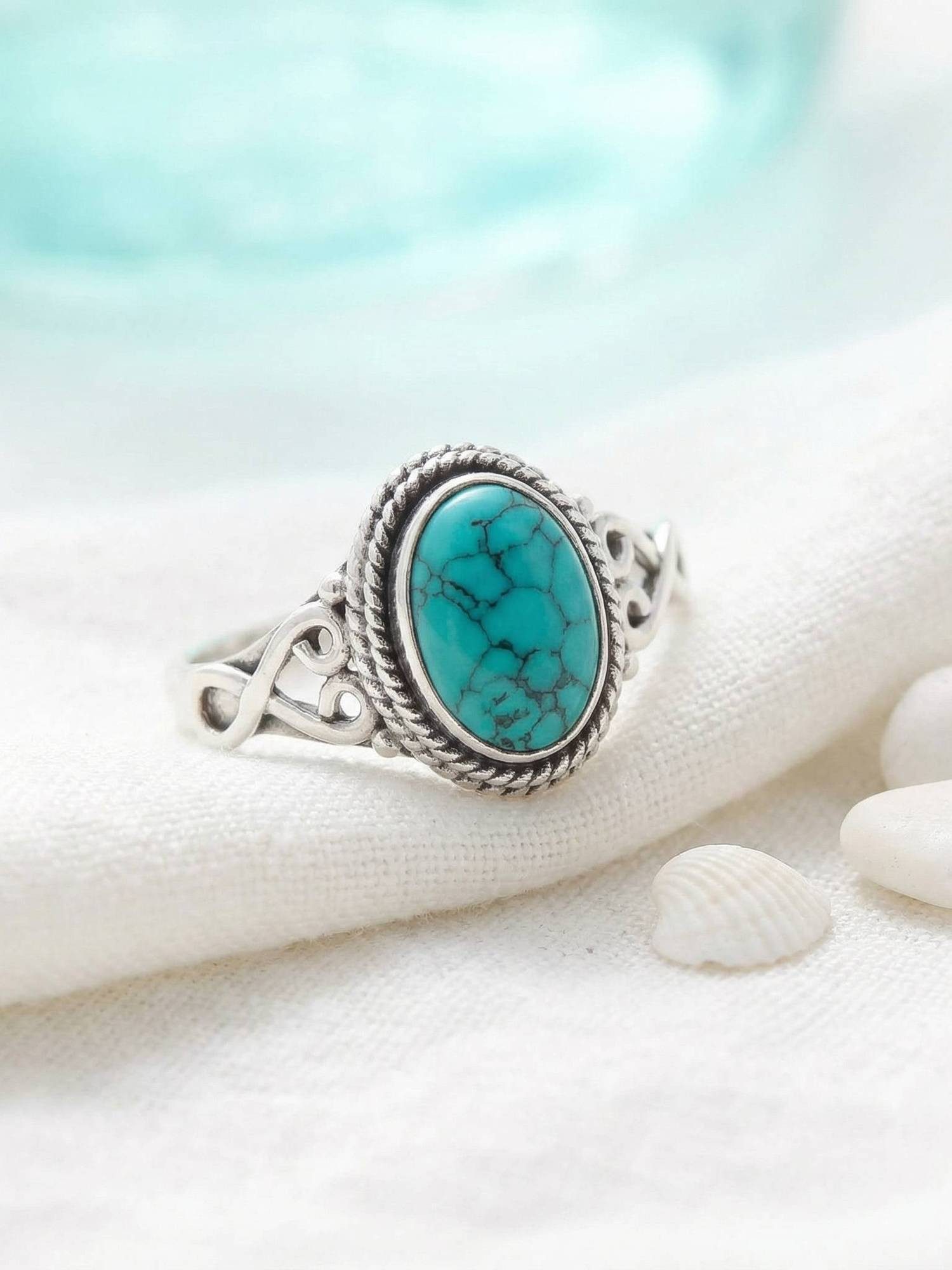 mantraroma Silberring BAGHIMI oval aus 925 Silber mit Türkis (Ring mit Schmuckbeutel), Damenring aus 925er Silber