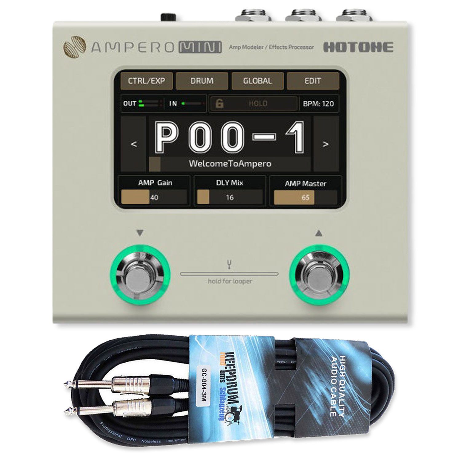 Hotone E-Gitarre Hotone Effektgerät Ampero Mini Vanilla Amp-Modeler mit Kabel, Digital, 1-St., Multi-Effektpedal, Vorteils-Set mit Klinkenkabel