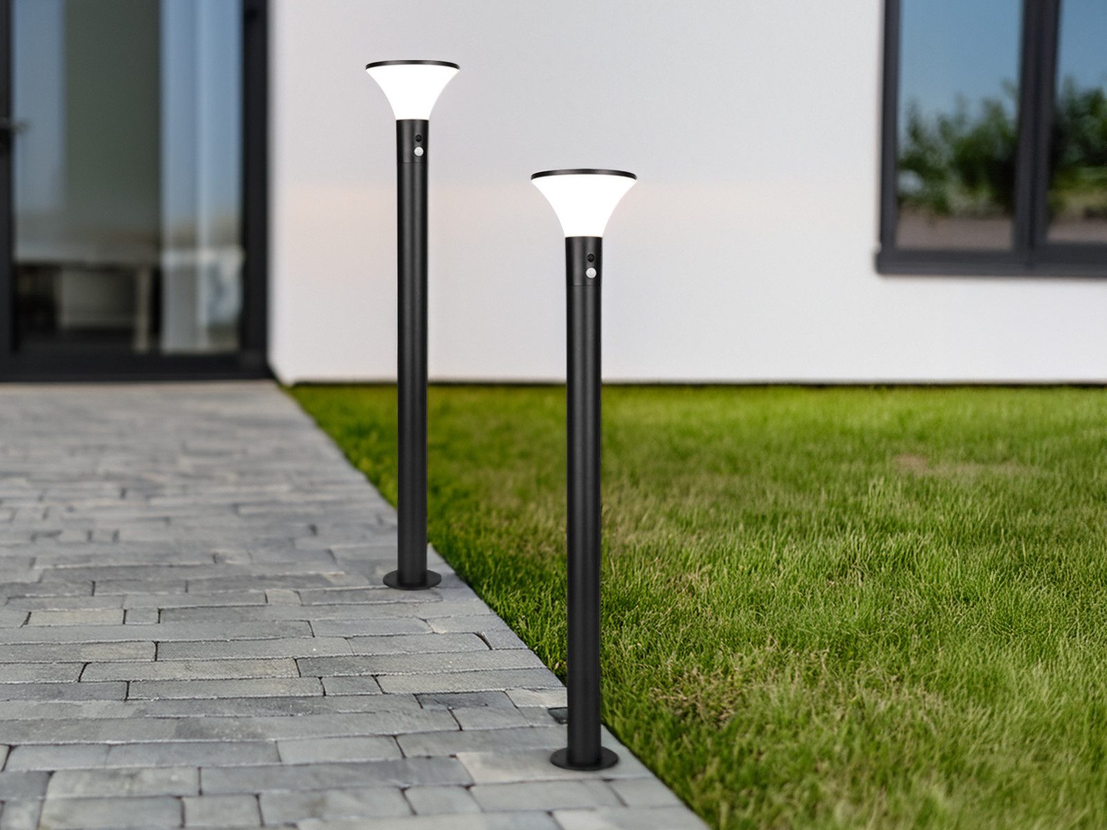 Reality Leuchten LED Pollerleuchte, Bewegungsmelder, LED fest integriert, Neutralweiß, 2er SET Hybrid Außen Wegbeleuchtung mit Strom und Solar, Höhe 100cm
