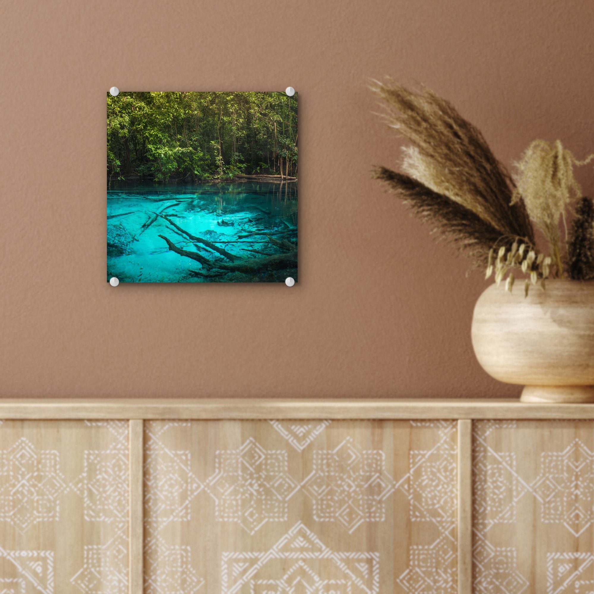Glas St), See Dschungel, - blauer Foto Wandbild - Wanddekoration Acrylglasbild - Bilder (1 Leuchtend MuchoWow Glasbilder im auf Glas bunt auf