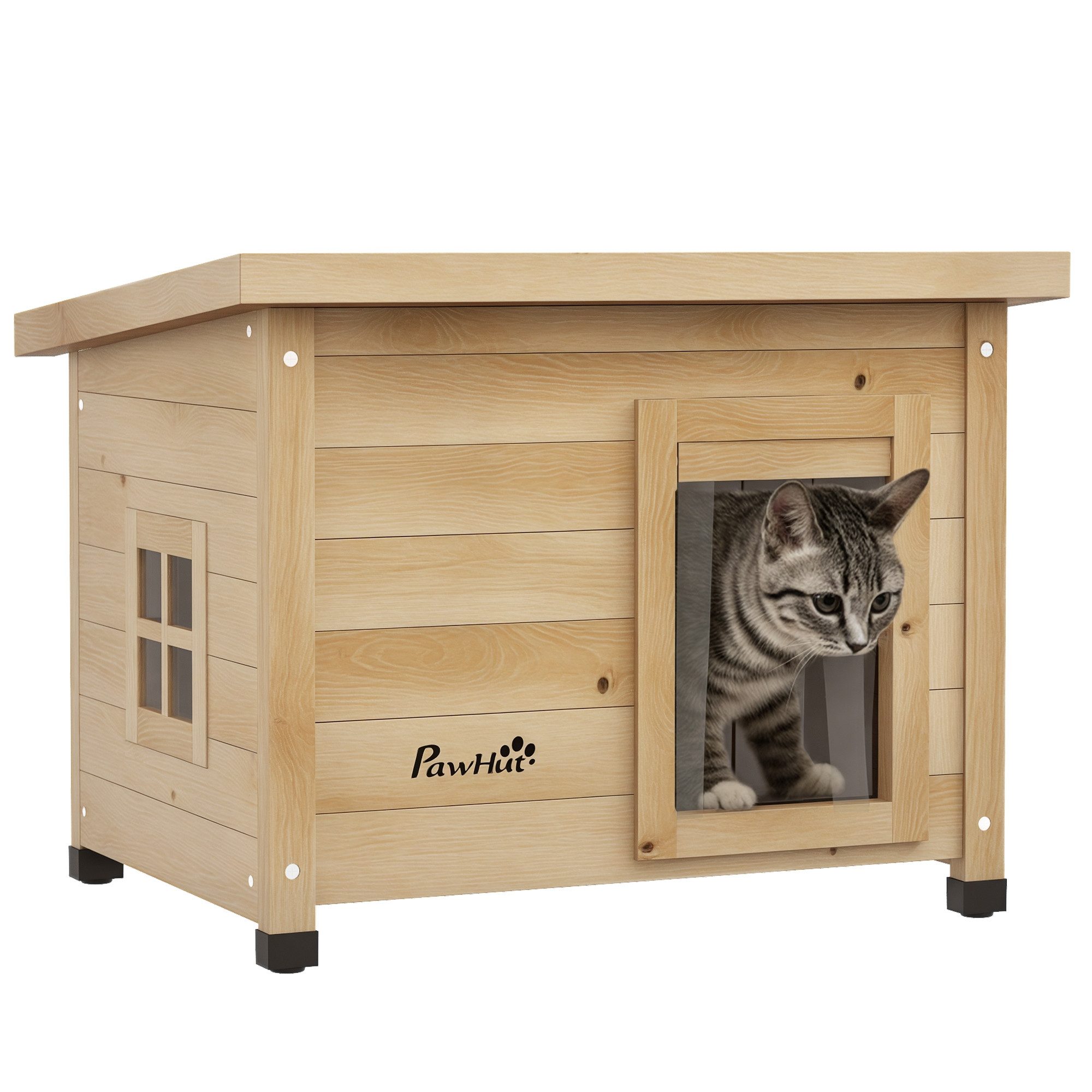 PawHut Tierhöhle Katzenhaus aus Holz, Katzenhütte Outdoor, Katzenhöhle mit Türvorhang, für Garten, Balkon, Gelb, 57 x 45 x 43 cm