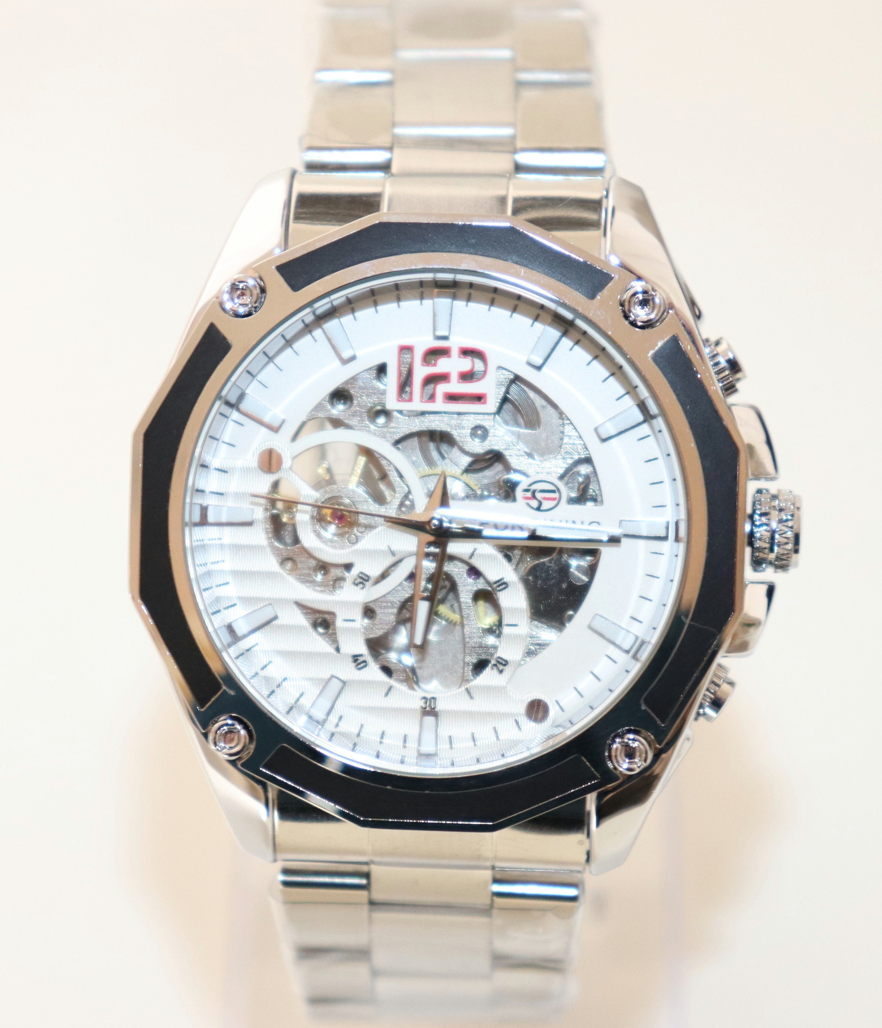 Automatikuhr Herrenuhr Automatikuhr Marke Forsining Skelettuhr weiß silberfarbenes Ziffernblatt silberfarbenes Edelstahlarmband und Gehäuse