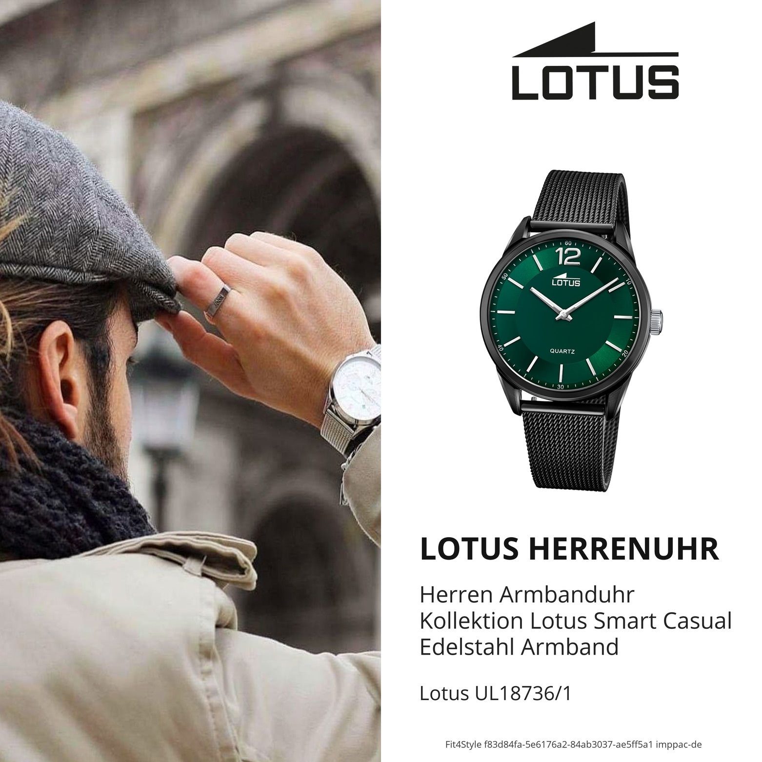 Armbanduhr Lotus rund, groß Herrenuhr Lotus Casual, Herren schwarz Smart 40mm) (ca. Edelstahlarmband Quarzuhr