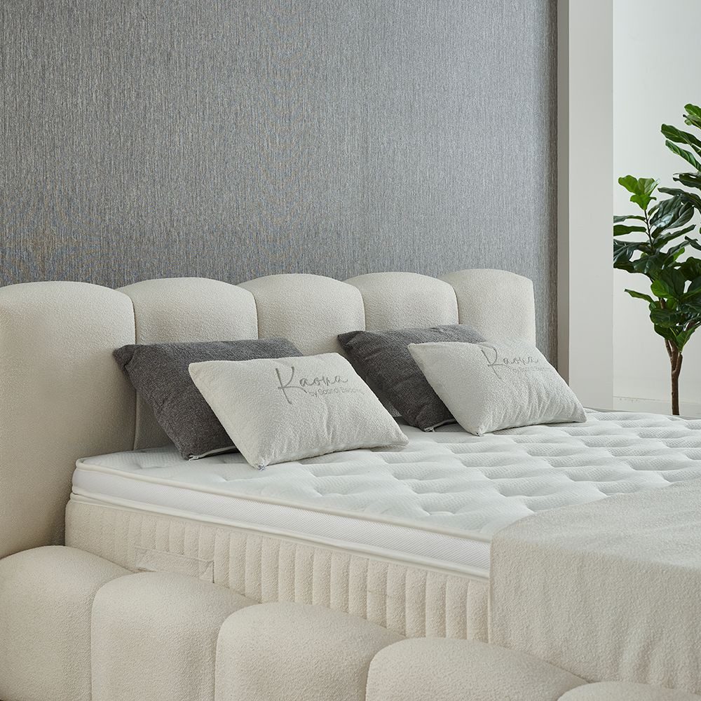 abc bedding Boxspringbett Komfortbett KAONA im stilvollen beige bouclé Stoffdesign, Voll-orthopädisches Schlafsystem inklusive Bettkasten – Bild 4 von 5