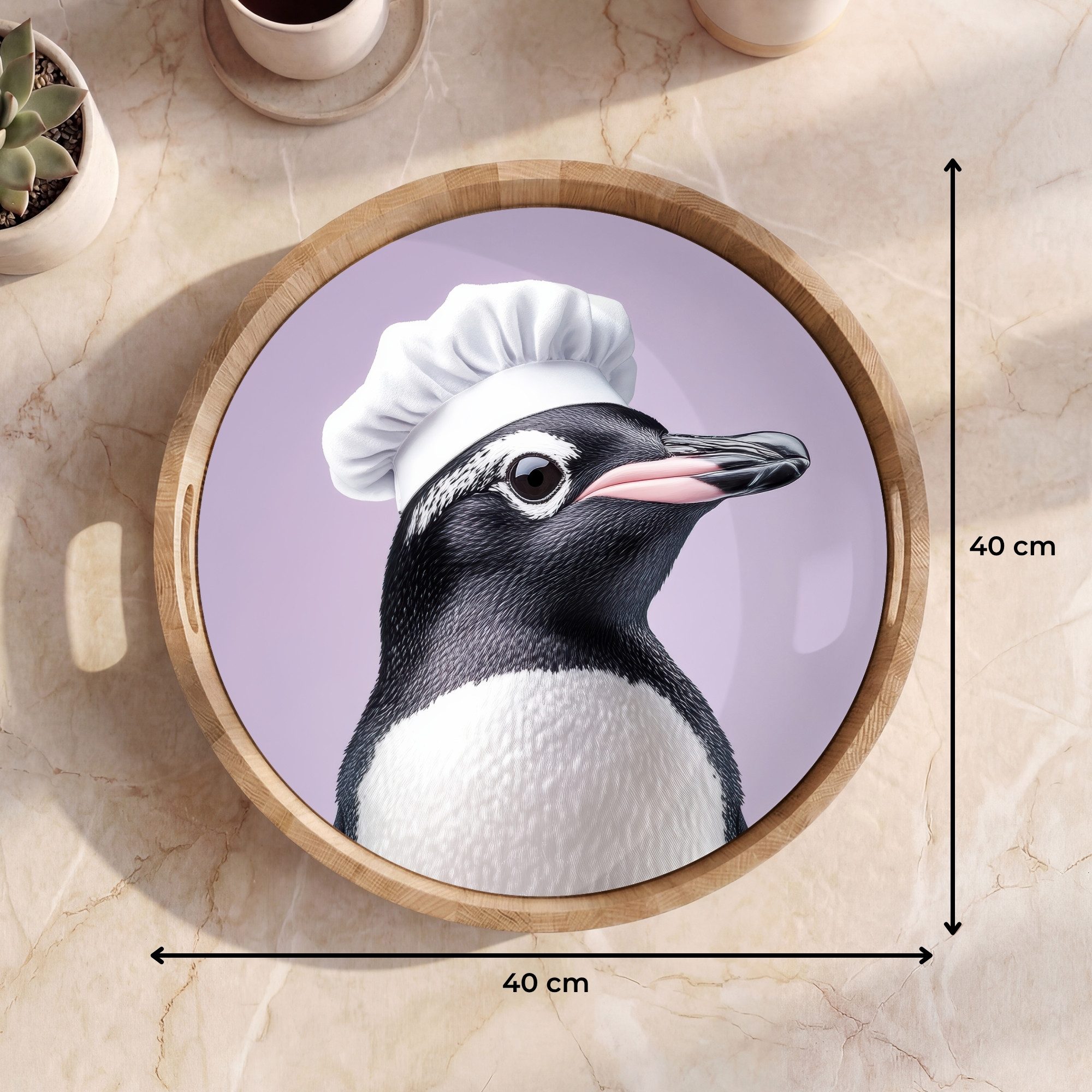 OnlyWow Tablett Rund mit Henkel Pinguin - Kochmütze - Lieb - Lila, Eichenholz, (1-tlg), Siervierplatte, Tray, Frühstücksbrett