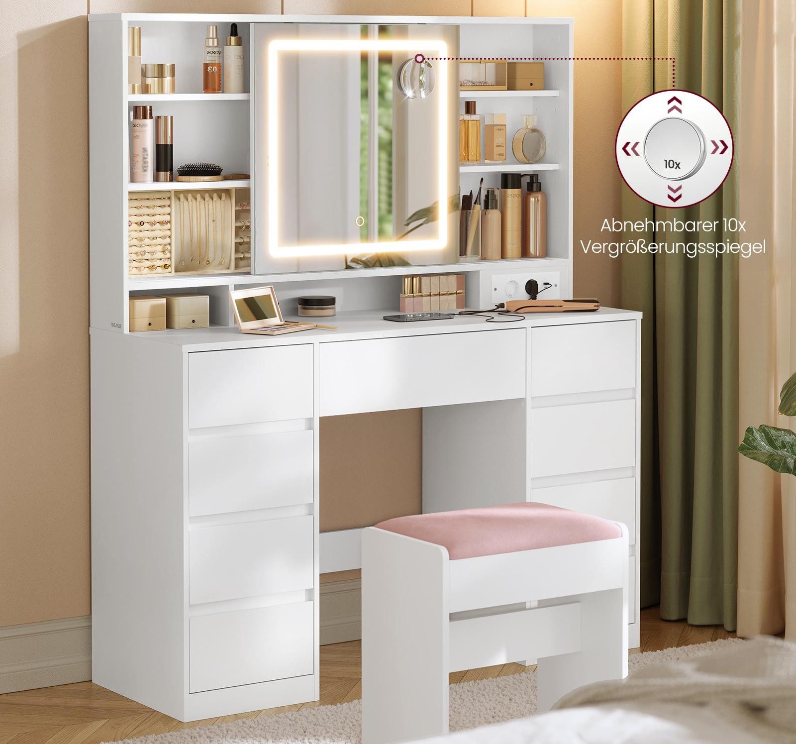 VASAGLE Schminktisch mit Spiegel und LED-Leuchten, Steckdosenleiste, 9 Schu günstig online kaufen