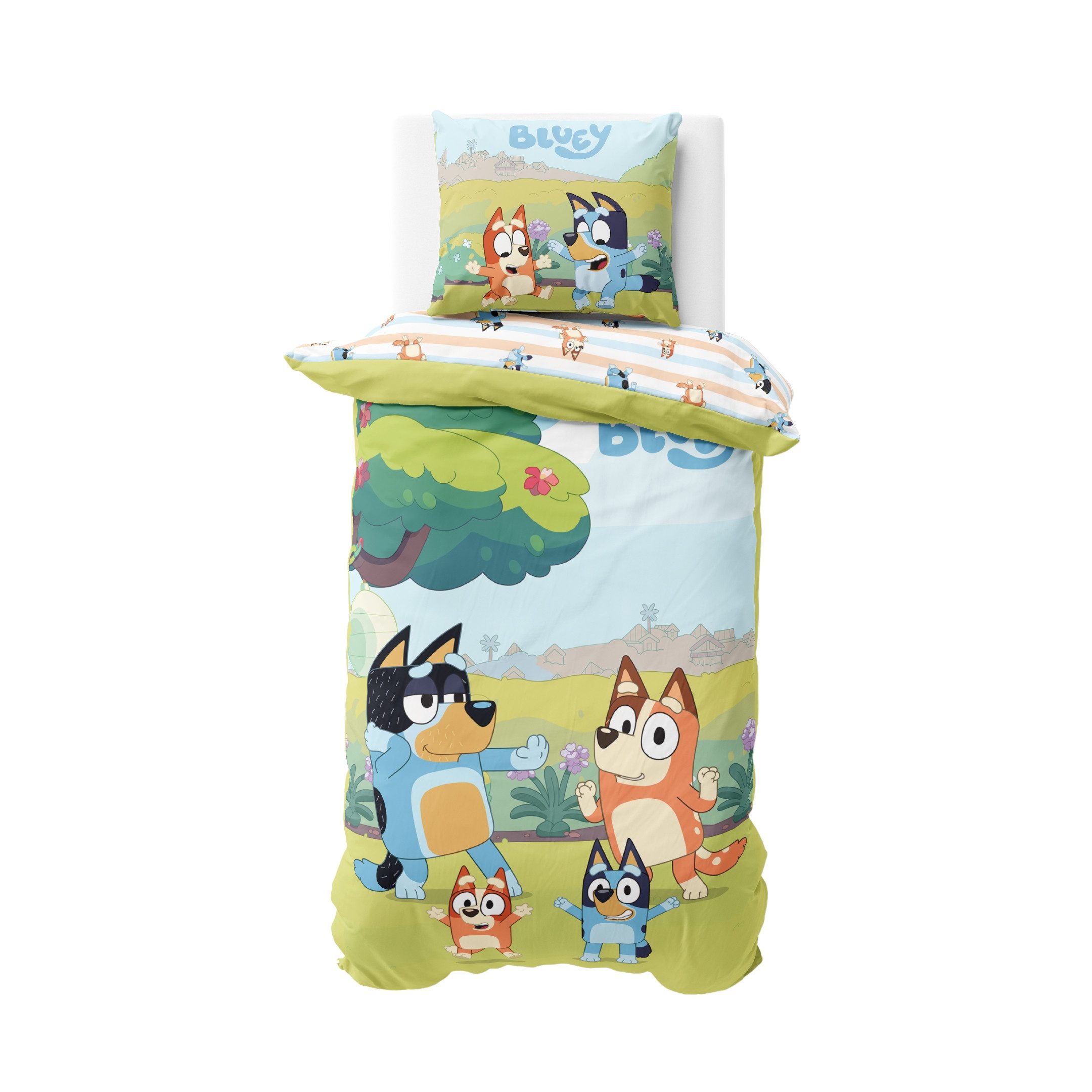 MTOnlinehandel Kinderbettwäsche Bluey Renforcé in 135x200 + 80x80 cm, Geschenkidee, 100% Baumwolle, 2 teilig, Wendebettwäsche für Mädchen und Jungen, Bingo & Bluey