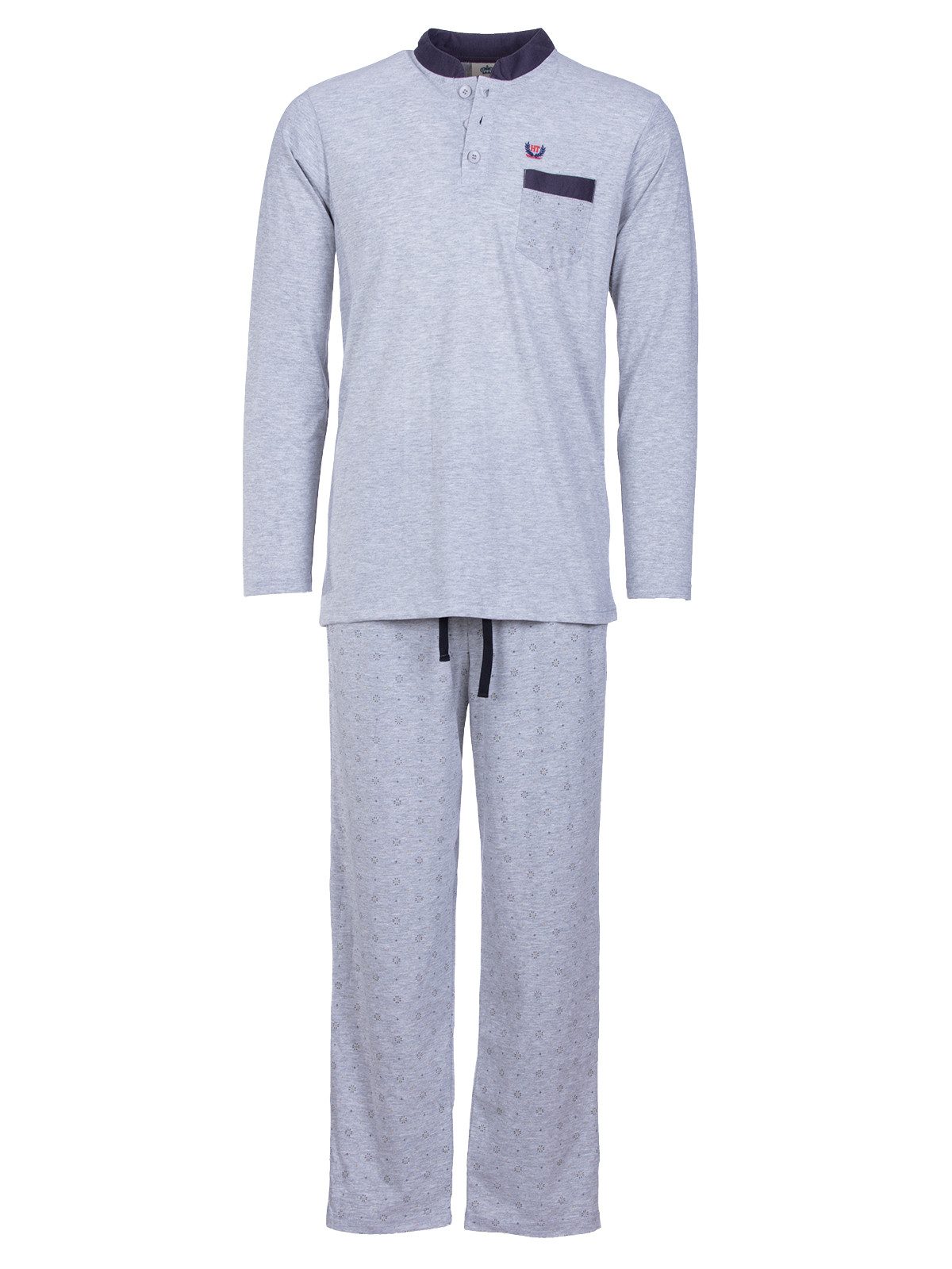 Henry Terre Pyjama Bruno Langarm- Stehkragen Shirt Uni gemusterte Hose Brusttasche – Bild 3 von 5