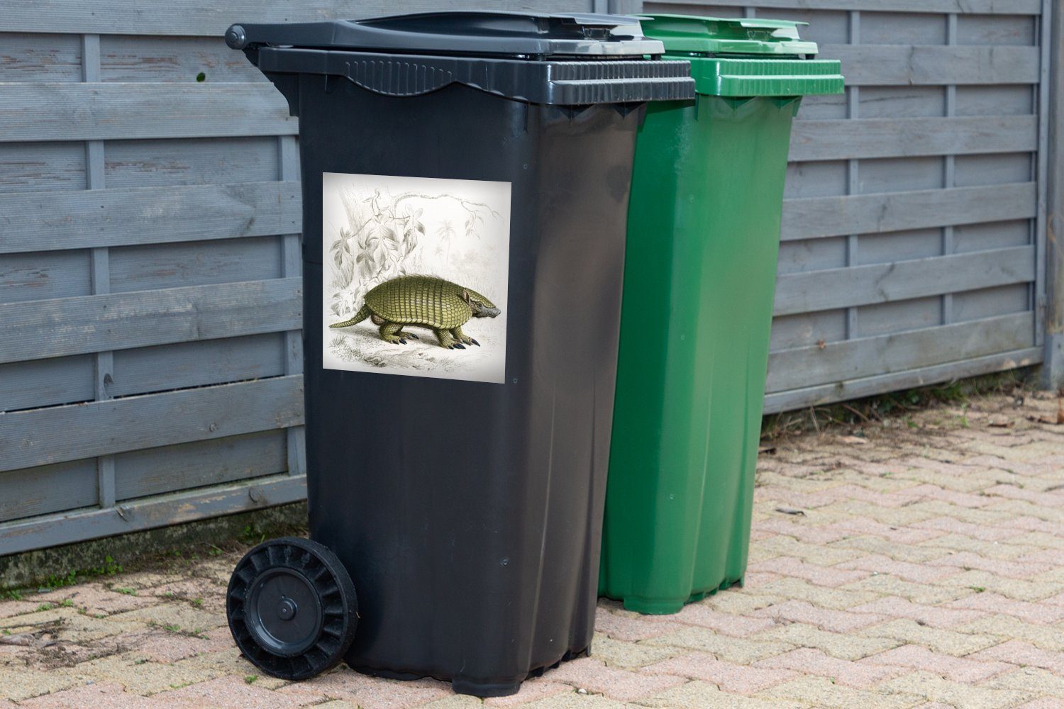 St), einem vor MuchoWow Illustration Eine eines Gürteltiers Sticker, Container, schwarz-weißen Abfalbehälter Mülltonne, (1 Wandsticker Mülleimer-aufkleber,