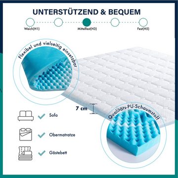 Topper THEO - 7-Zonen Gelschaum-Matratzenauflage temperaturregulierend, Essence Sleep, 7 cm hoch, Gel-Schaum, Bodyflex-Unterstützung & waschbarer Bezug – Allergiker geeignet