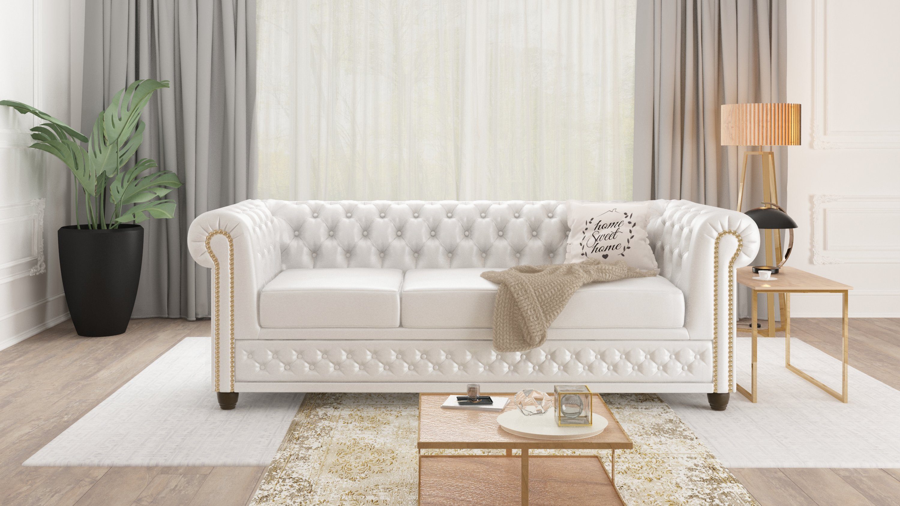 Wellenfederung Möbel S-Style Chesterfield mit 3-Sitzer Jeff Sofa, Weiß