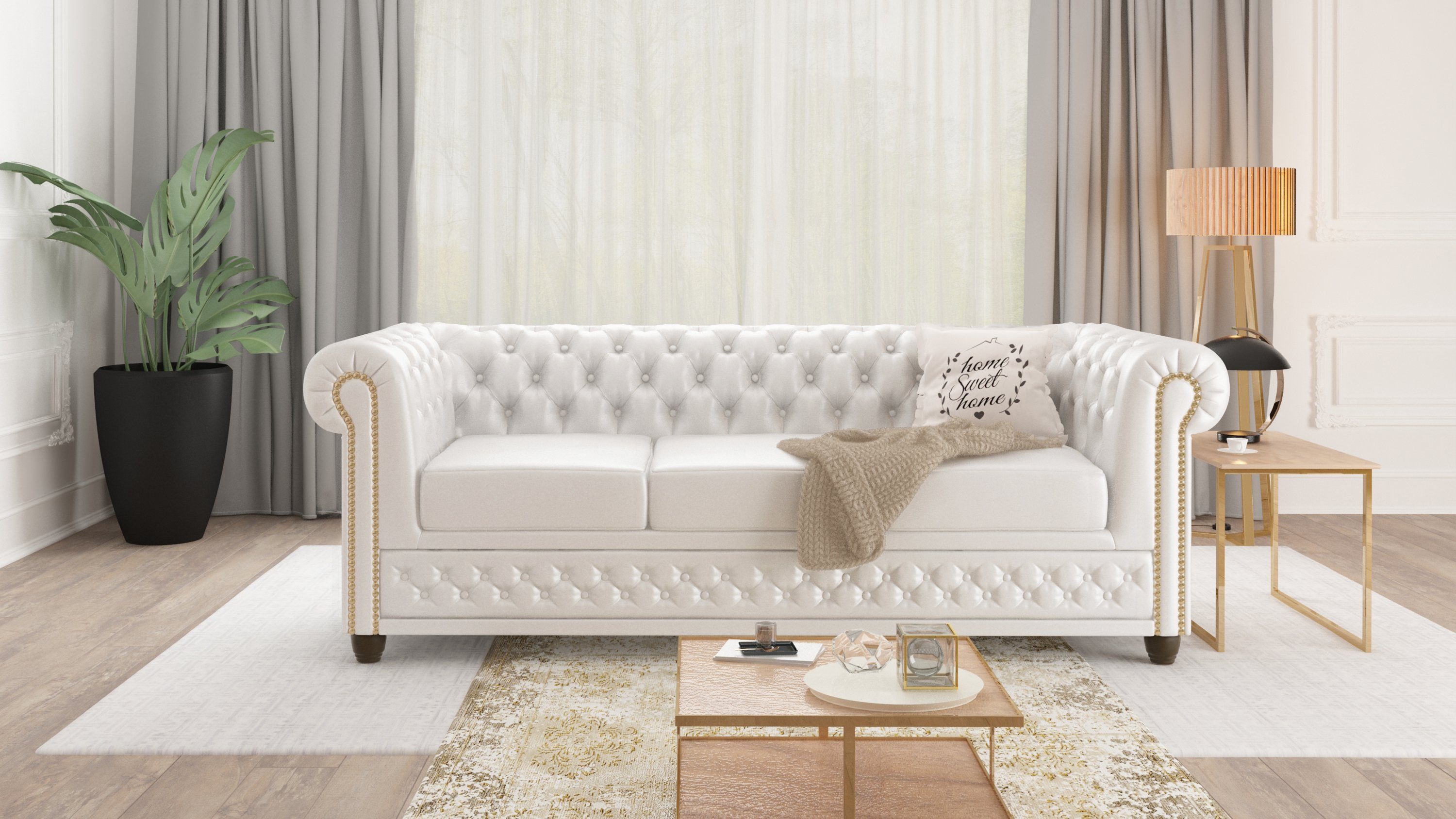 S-Style Möbel Chesterfield-Sofa Jeff 3-Sitzer aus veganem Leder mit Holzfüßen, Mit Wellenfederung – Bild 2 von 5