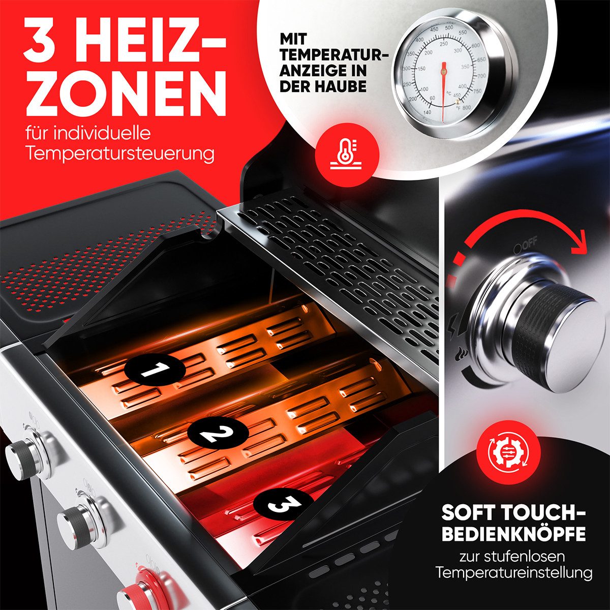 ProfiCook Gasgrill PC-GG 1310, Gasgrill bis zu 400°C, Grillroste aus Gusseisen