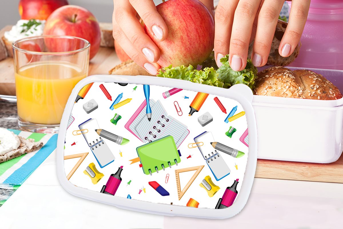 MuchoWow Lunchbox Muster Erwachsene, Bleistift, Brotdose, für - und (2-tlg), Jungs Kinder - Mädchen Schule und Brotbox für Kunststoff, weiß