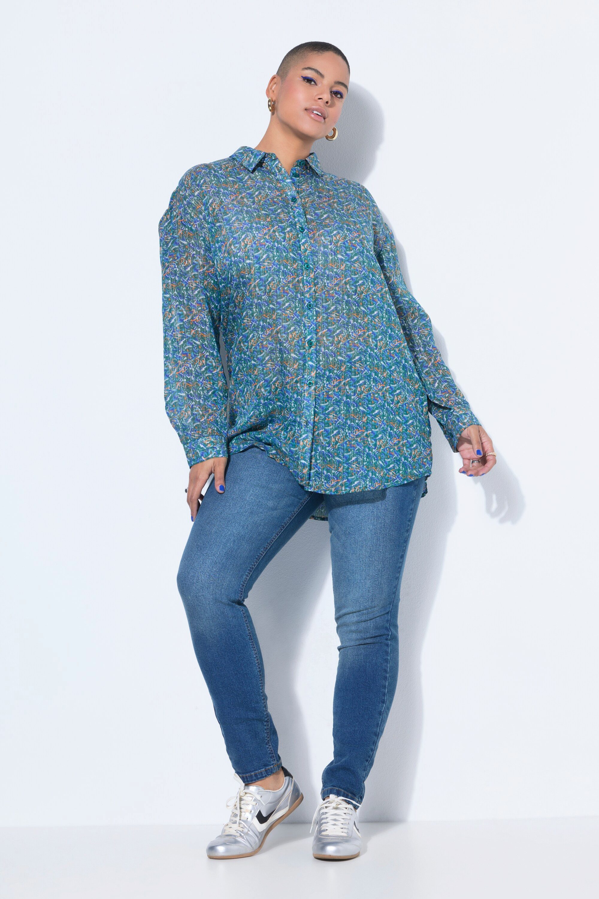 Hemdbluse Bluse Oversize Shape Muster mit Glitzerfäden