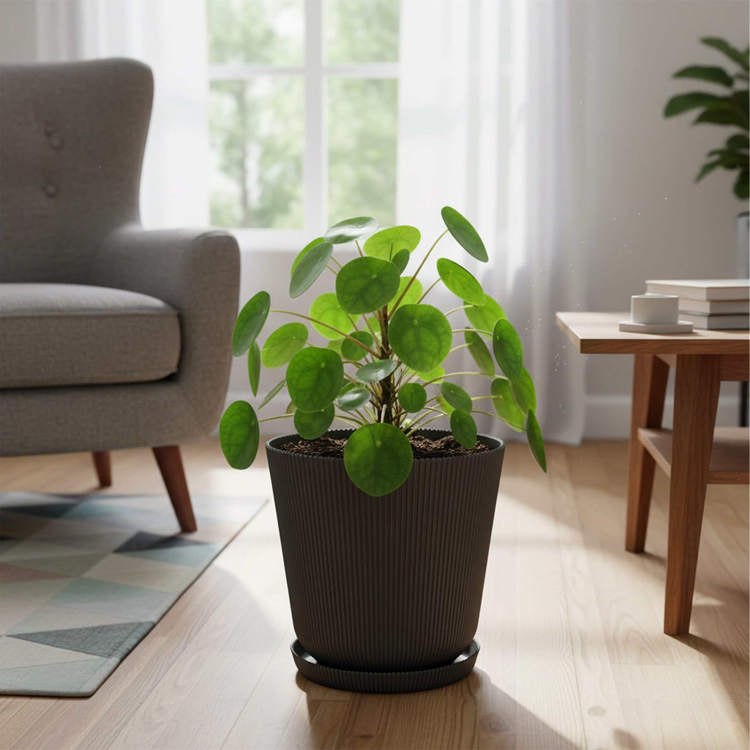 relaxdays Blumentopf mit Untersetzer 2er Set, Dunkelgrau