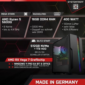 SYSTEMTREFF Basic Gaming-PC (AMD Ryzen 5 5600G, RX Vega 7, 16 GB RAM, 1000 GB HDD, 512 GB SSD, Luftkühlung, Windows 11, WLAN)