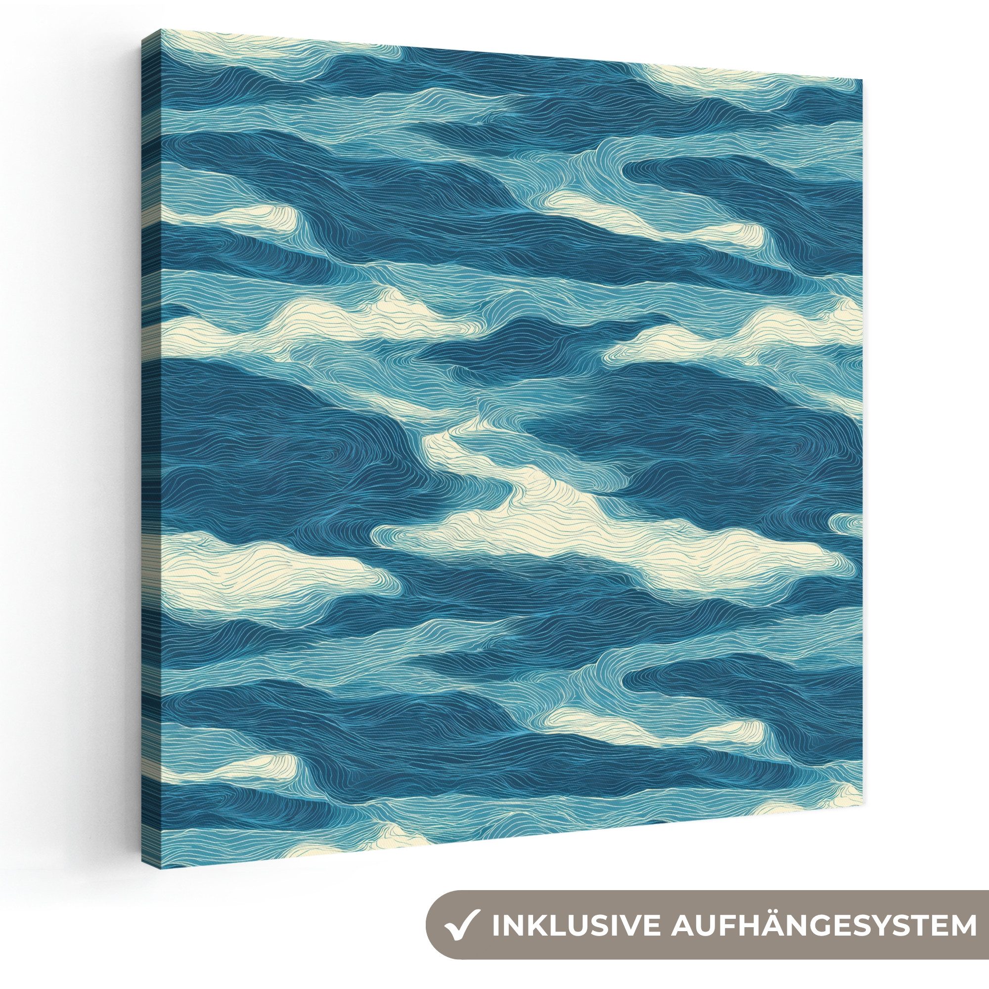 OneMillionCanvasses® Leinwandbild Wellen - Abstrakt - Muster - Blau - Weiß, Fotodruck (1 St), Wandbild, Deko Schlafzimmer Wohnzimmer Flur 20x20 cm
