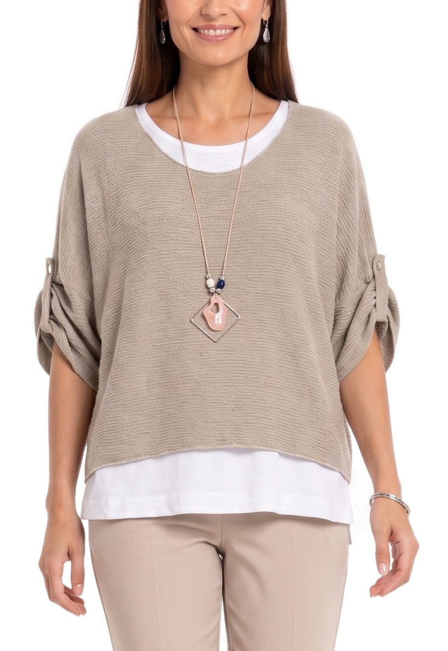 dy_mode Blusenshirt Damen Blusenshirt Oberteil 2-in-1 Lagenlook Shirt Fledermausärmel 2-teilige Set, inkl. Halskette, Fledermausärmel