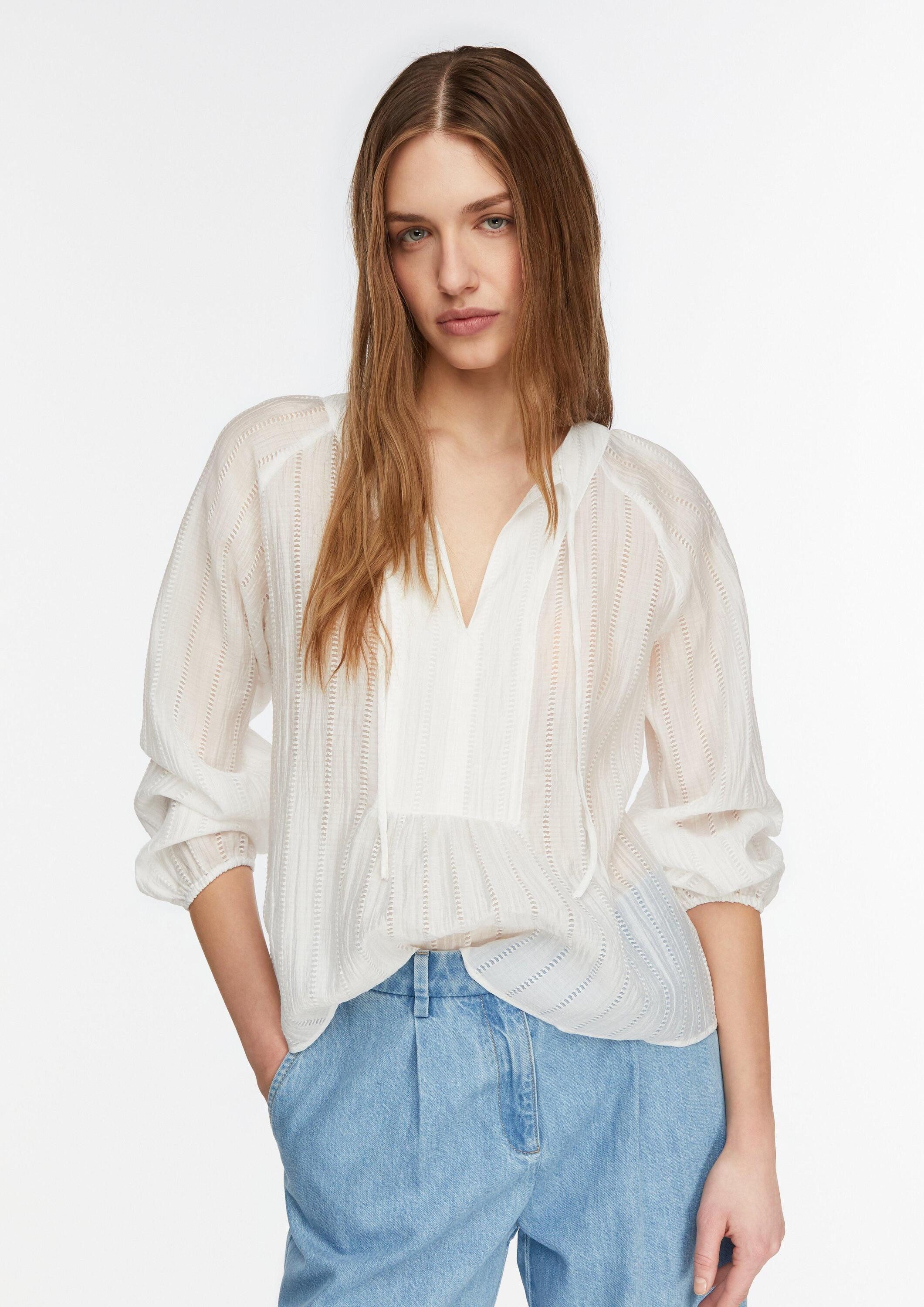 comma Langarmbluse Bluse Strukturierte Lyocell-Bluse mit Pointelle-Details