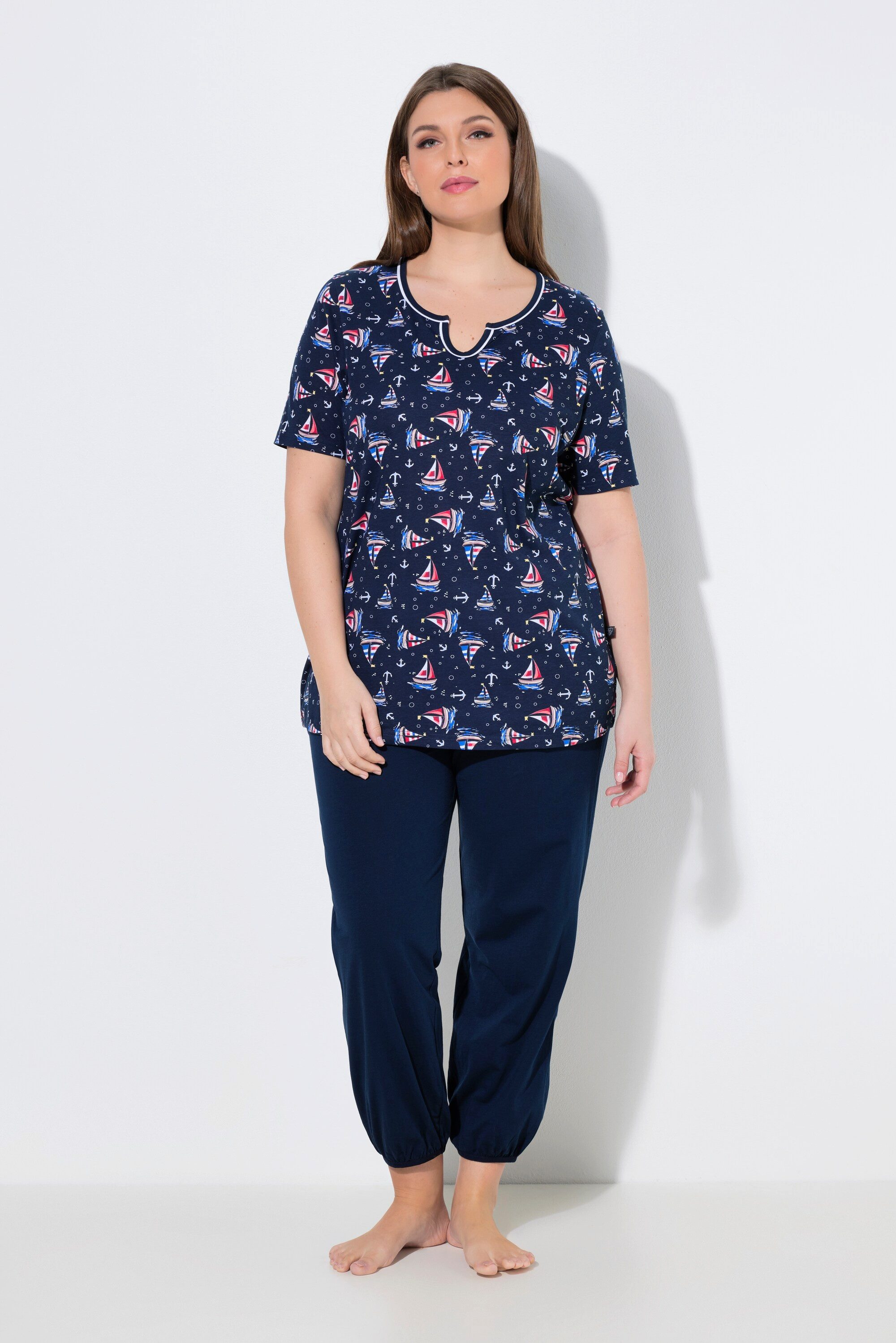 Ulla Popken Pyjama Pyjama Segelboote Tunika-Ausschnitt Halbarm