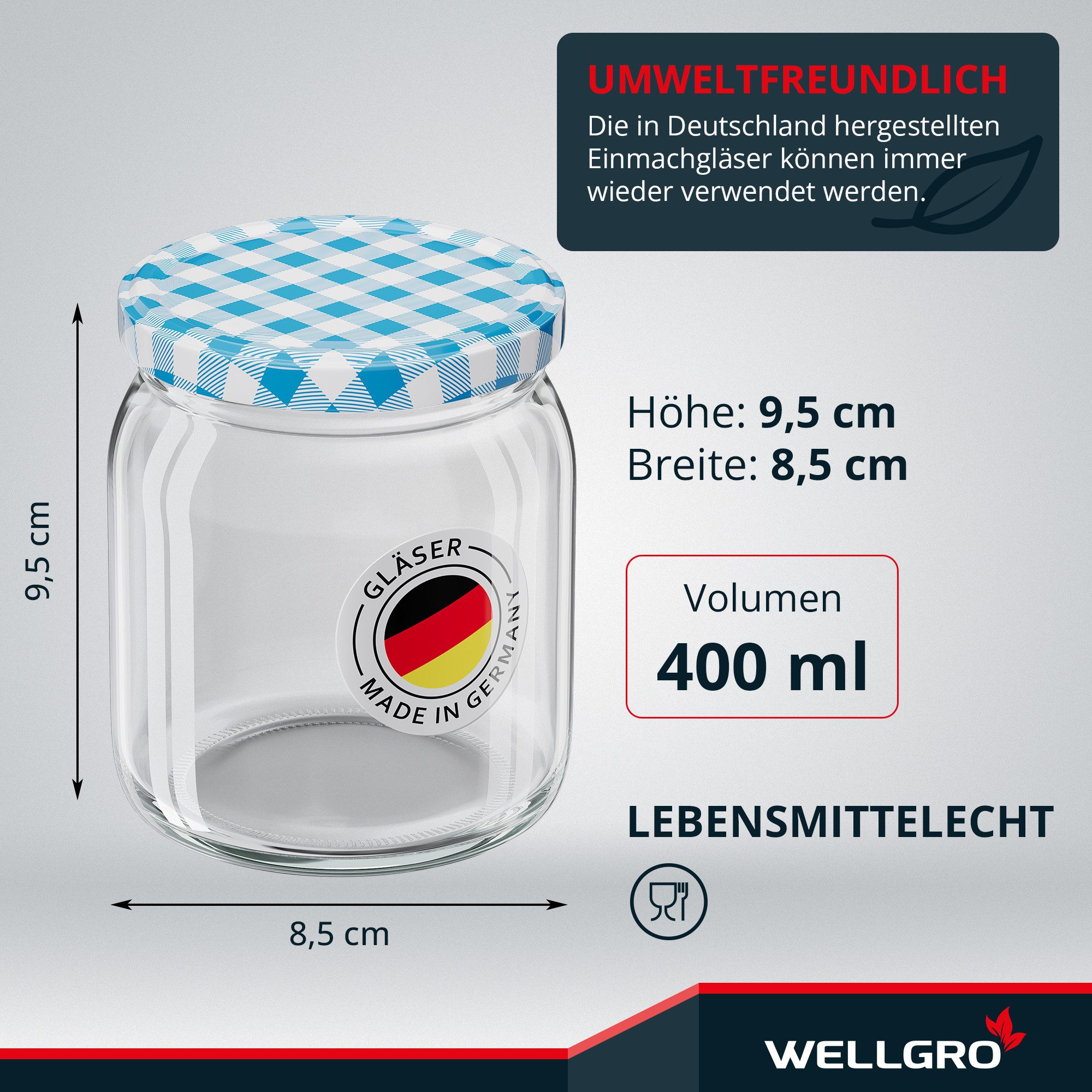 Wellgro Vorratsglas Einmachgläser mit Schraubdeckel TO 82, blau kariert, (12-tlg) – Bild 4 von 5