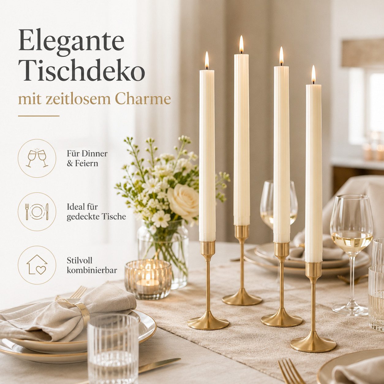 BOLTZE Tafelkerze Stabkerzen Klassik Creme-Weiß 4er-Set mit Rillen 25 cm