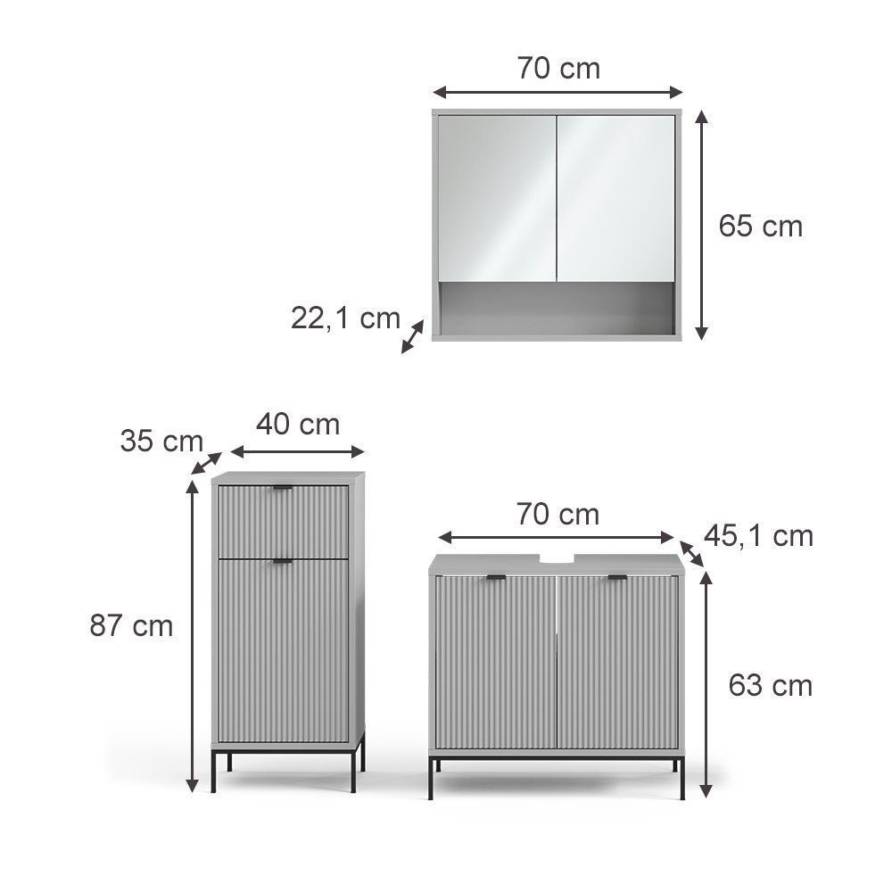 Vicco Badmöbel-Set Eliza, Grau, 3 Teile, (3-St., 3er Set)