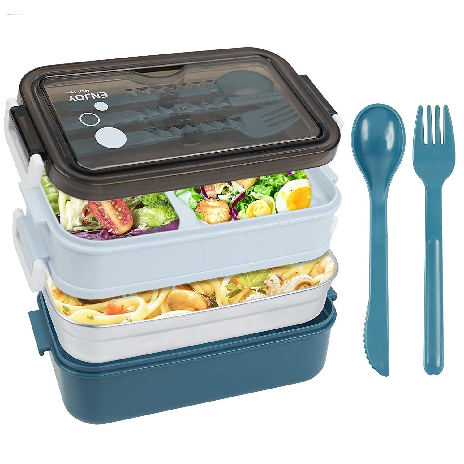 zggzerg Lunchbox Lunchbox Bento Box mit 3 Fächern und Besteck, Abnehmbarer Behälter