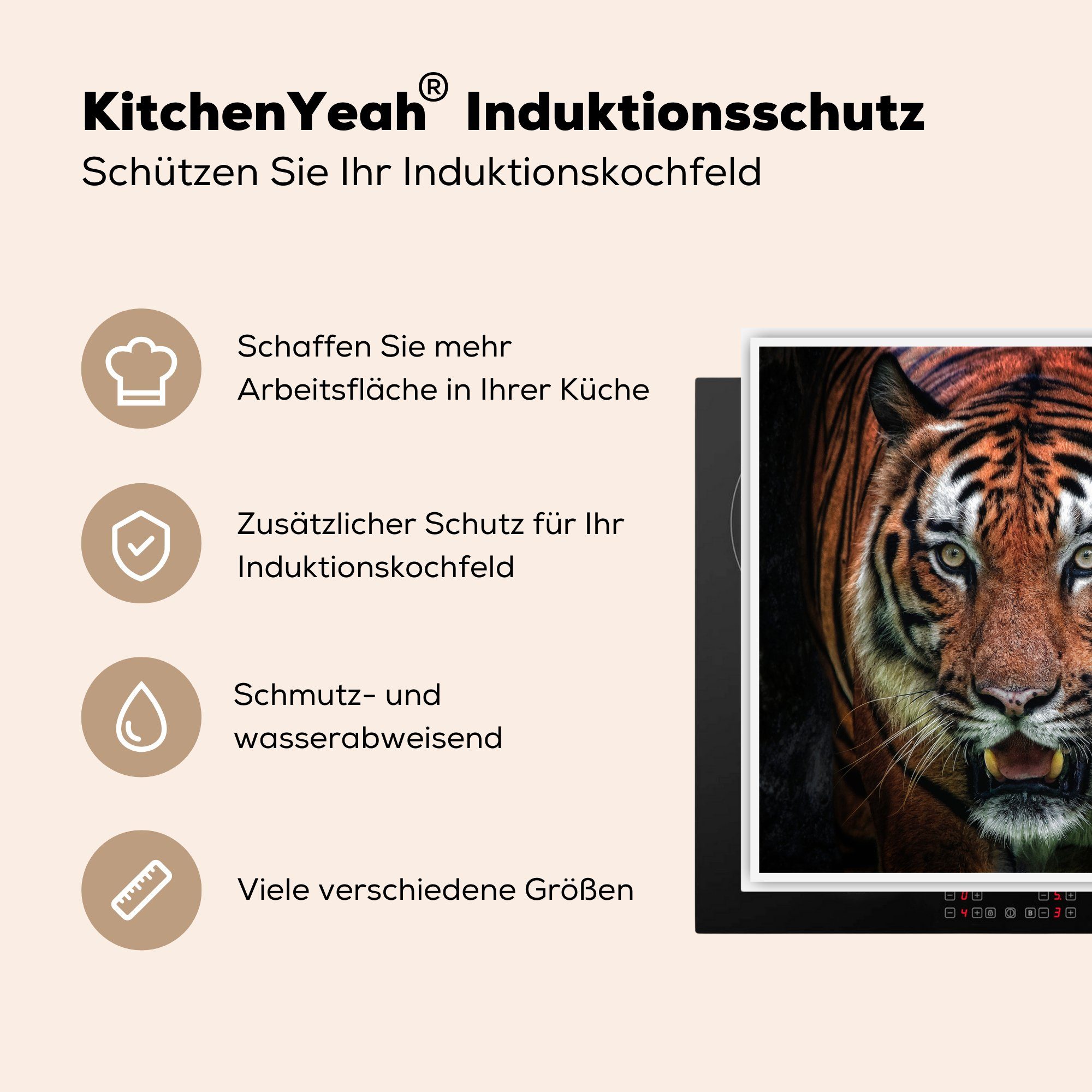 cm, Kopf tlg), küche MuchoWow 78x78 Schwarz, - - Herdblende-/Abdeckplatte Tiger Ceranfeldabdeckung, für (1 Arbeitsplatte Vinyl,