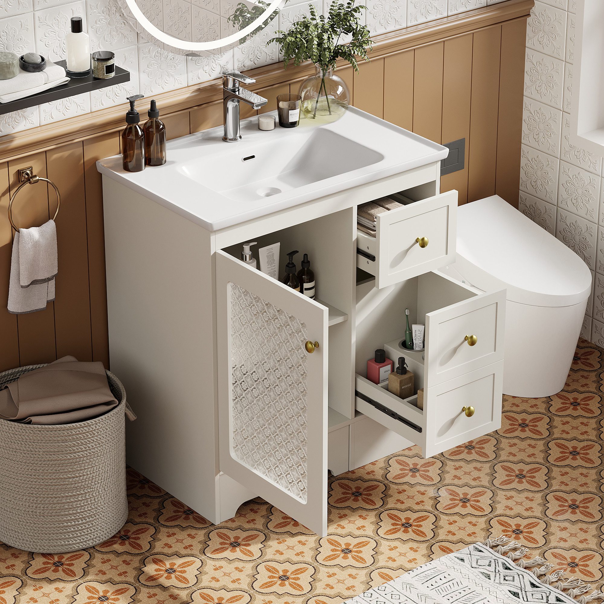 STILVORA Badkommode Waschtischunterschrank mit Waschbecken Badmöbel mit Fußstütze (Badezimmerwaschtisch mit Hocker, mit Keramikbecken,LED (APP),MDF+Glas, Goldgriffe,mit Stauraum & Hocker), 2-in-1 Hocker (Tritt & WC), LED RGB, Soft-Close, platzsparend