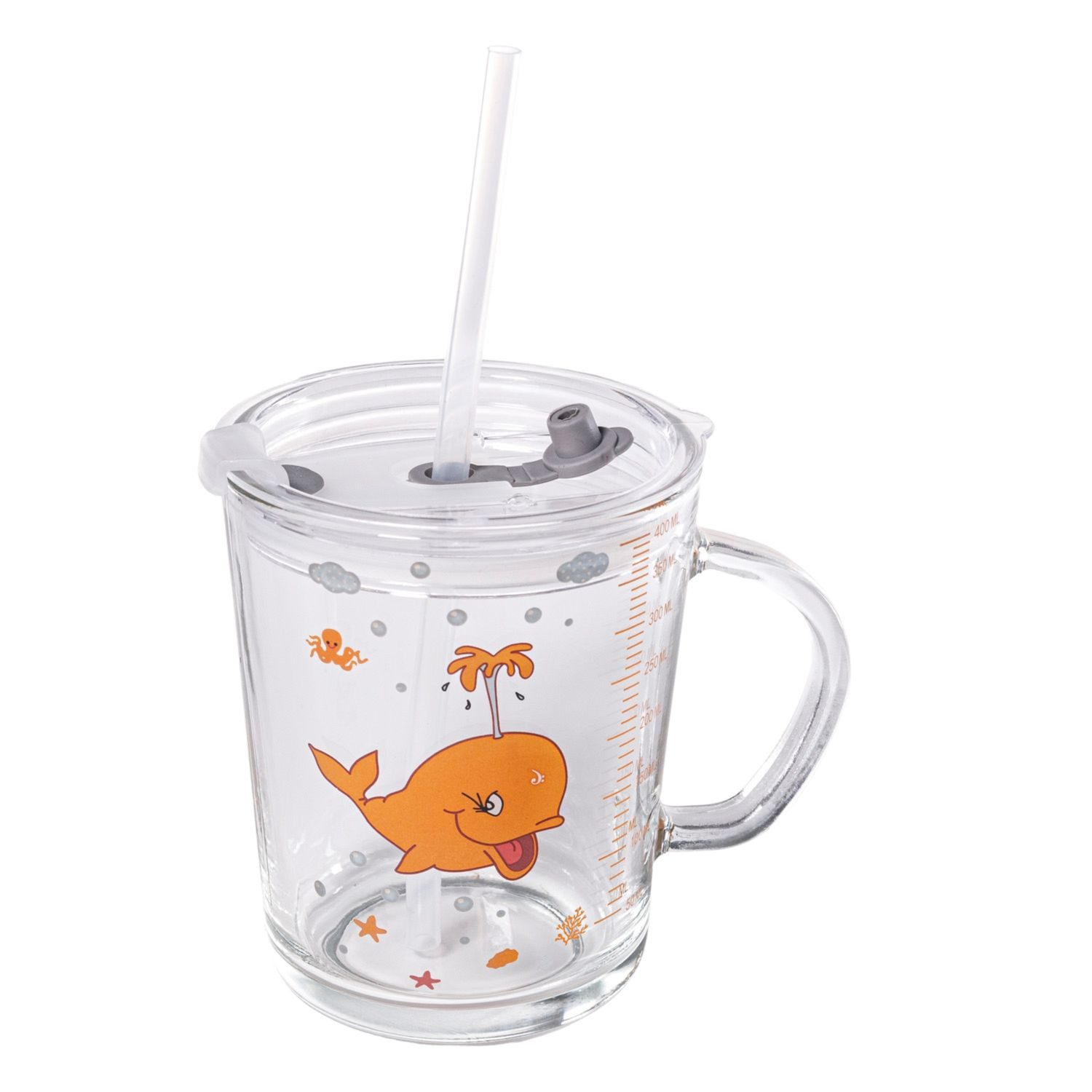 Intirilife Kinderbecher Trinkbecher Kinder Trinkglas Kinderbecher 400 ml Deckel Strohhalm, 1-tlg., Glas, Kinder Trinkbecher transparent mit Deckel Strohhalm mit Wal Design