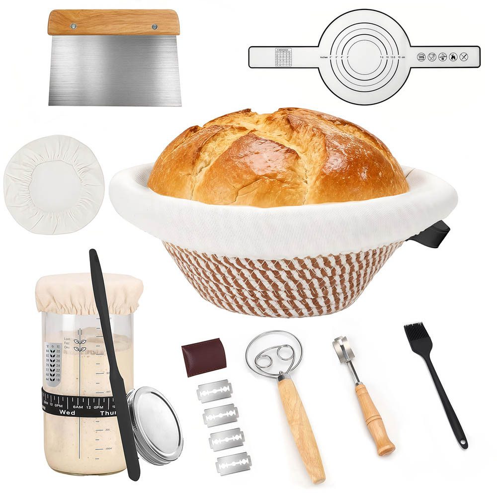 GLIESE POWER Gärkorb -Set 13-teilig oval – mit Leinen-Einlage, Teigschaber & Messer, (13-tlg), 13-teilig, Rattan, Leinen-Einlage, Messer – für perfektes Brot.
