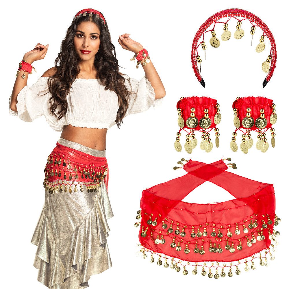 Boland Kostüm Bauchtanz-Gürtel Set Belly Dance rot goldfarben 4-teilig orientalisch, Set bestehend aus: Haartuch, 2 Armbändern und Münzgürtel