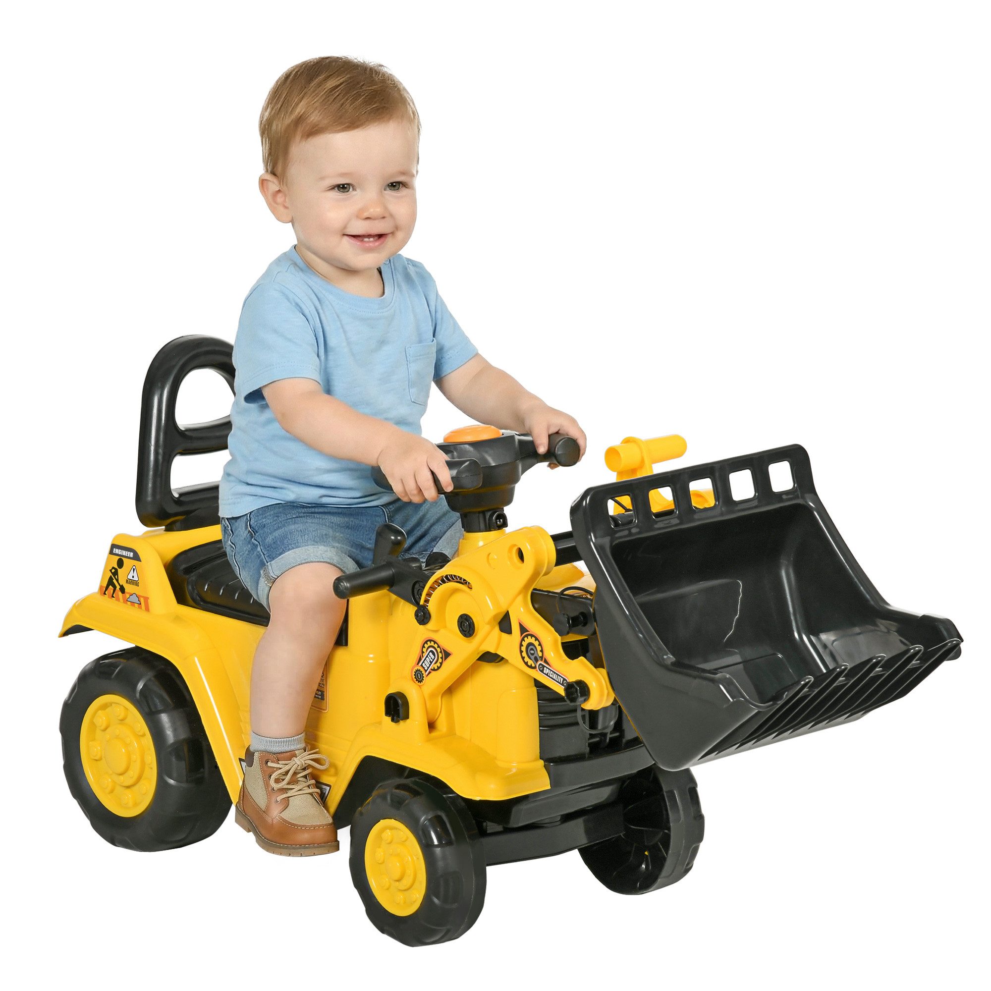 HOMCOM Rutscher Sitzbagger mit eingebautem Ablagefach, (Kinderbagger, 1-tlg., Kinder Rutschauto Traktor), Gelb+Schwarz 80 x 26,5 x 39 cm