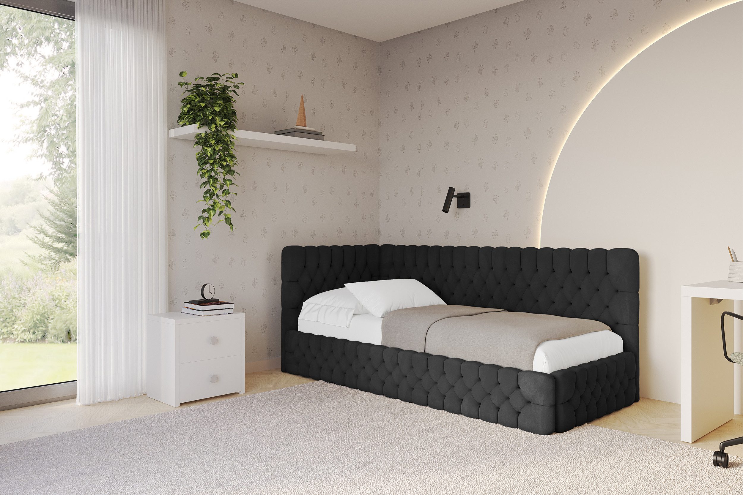 ALTDECOR Jugendbett MULY (Jugendbett mit Bettkasten und Lattenrost, Polsterbett mit Matratze), Einzelbett mit Stauraum, Bett mit Kopfteil