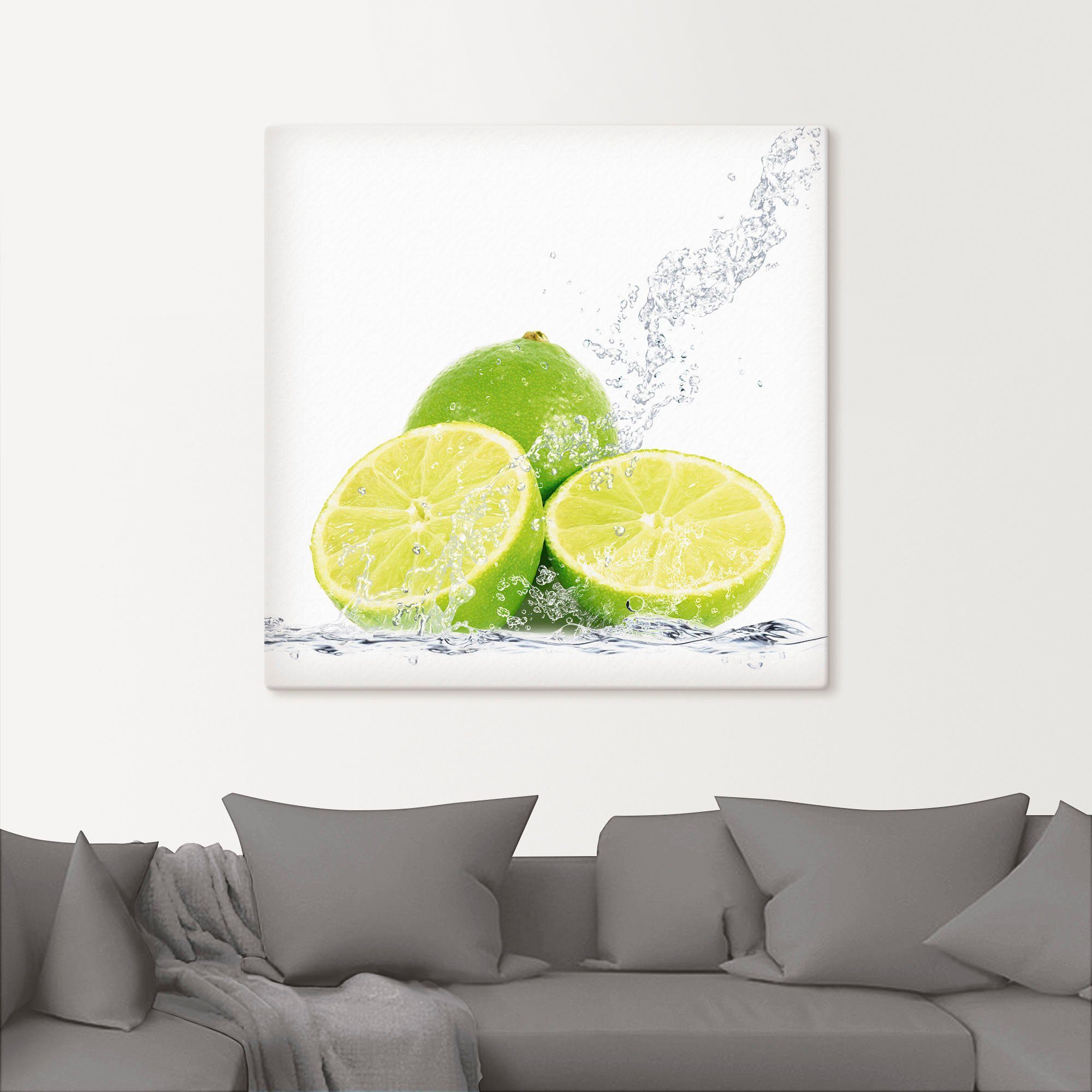 Artland Leinwandbild Limette mit Spritzwasser, Lebensmittel (1 St), auf Holzrahmen gespannt