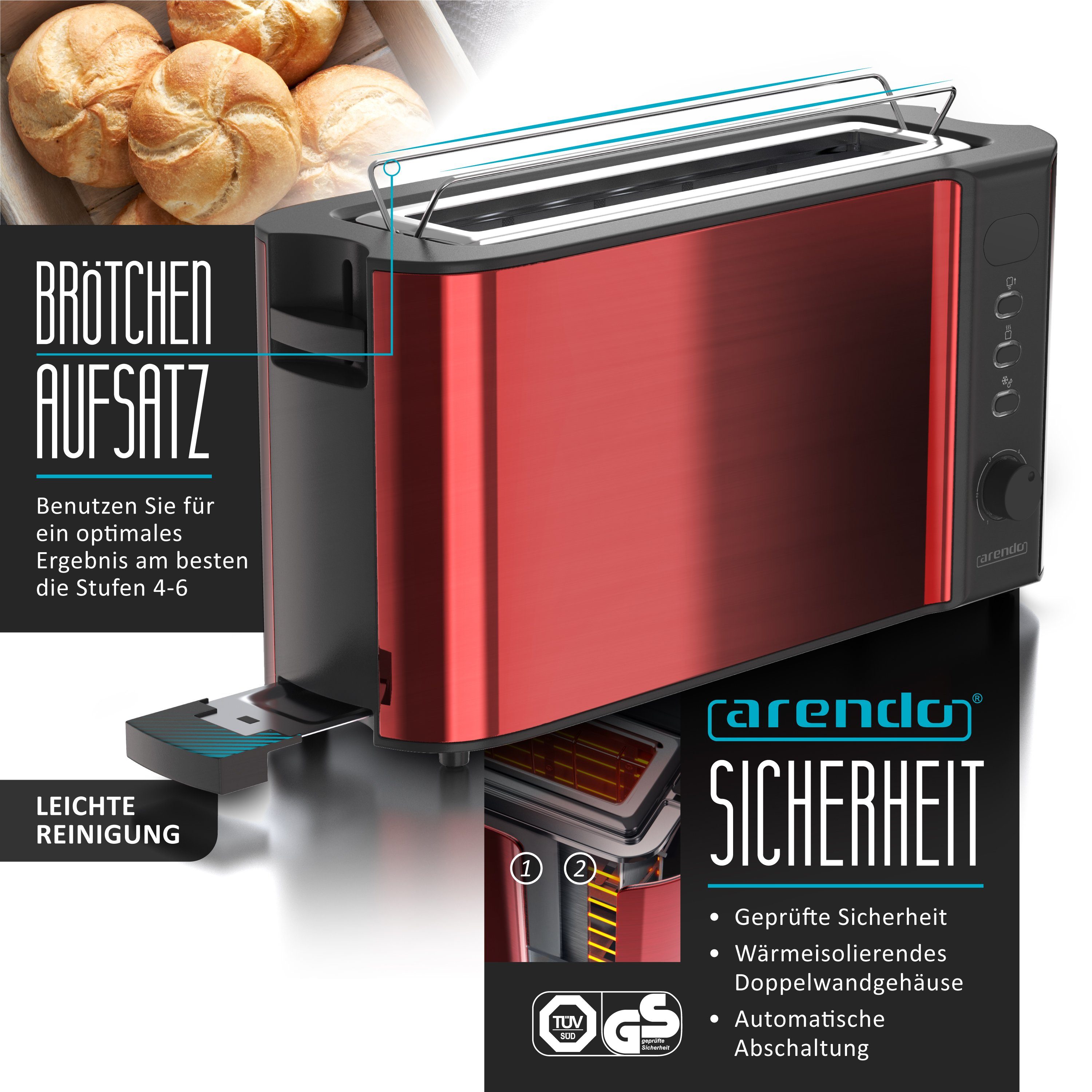 Arendo Frühstücks-Set Wasserkocher 1,5l & 2-Scheiben Langschlitz Toaster, Edelstahl, Rot (2-tlg), Wasserkocher mit Temperaturwahl, Toaster mit Brötchenaufsatz – Bild 4 von 5
